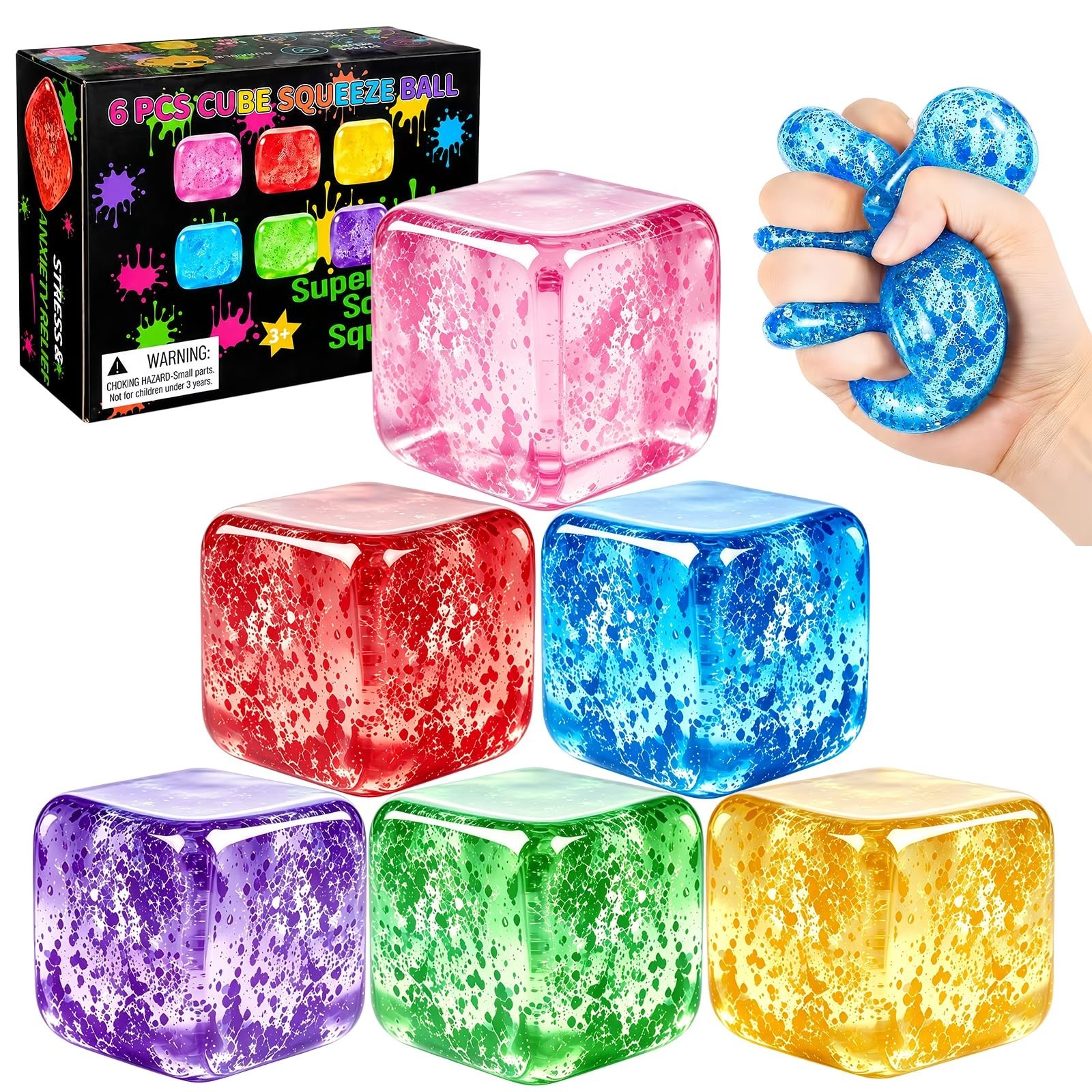 6PCS Glitter Stress Cube Balls – Squishy Fidget Toys for Anxiety Relief, Party F