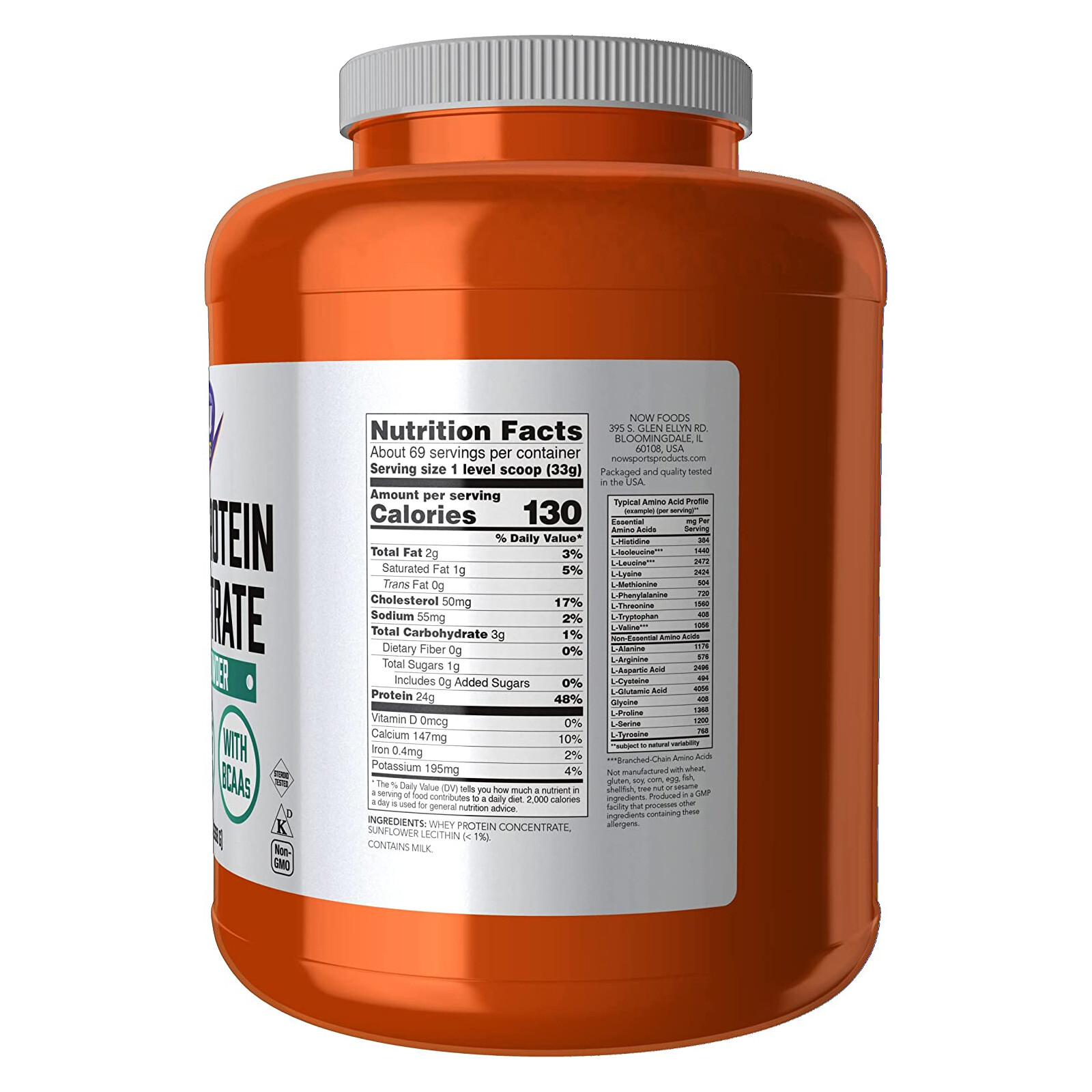 NOW Whey Protein Concentrate Unflavored 24 G With BCAAs- 5 lbs, Amino Acids