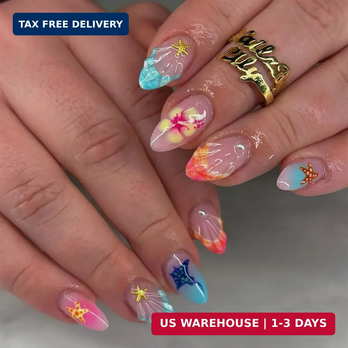 Summer Press on Nails – Short Almond Fake Nails with Seashell,Starfish Design,Co