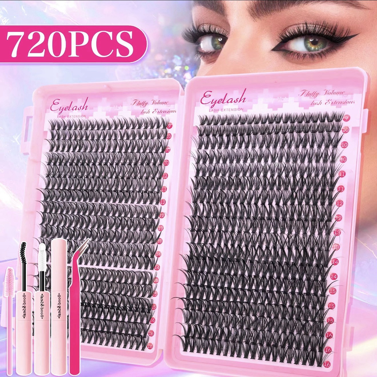 720PCS Black Cluster Eyelashes Kit Full Volume Long Reusable w/ Bond & Seal