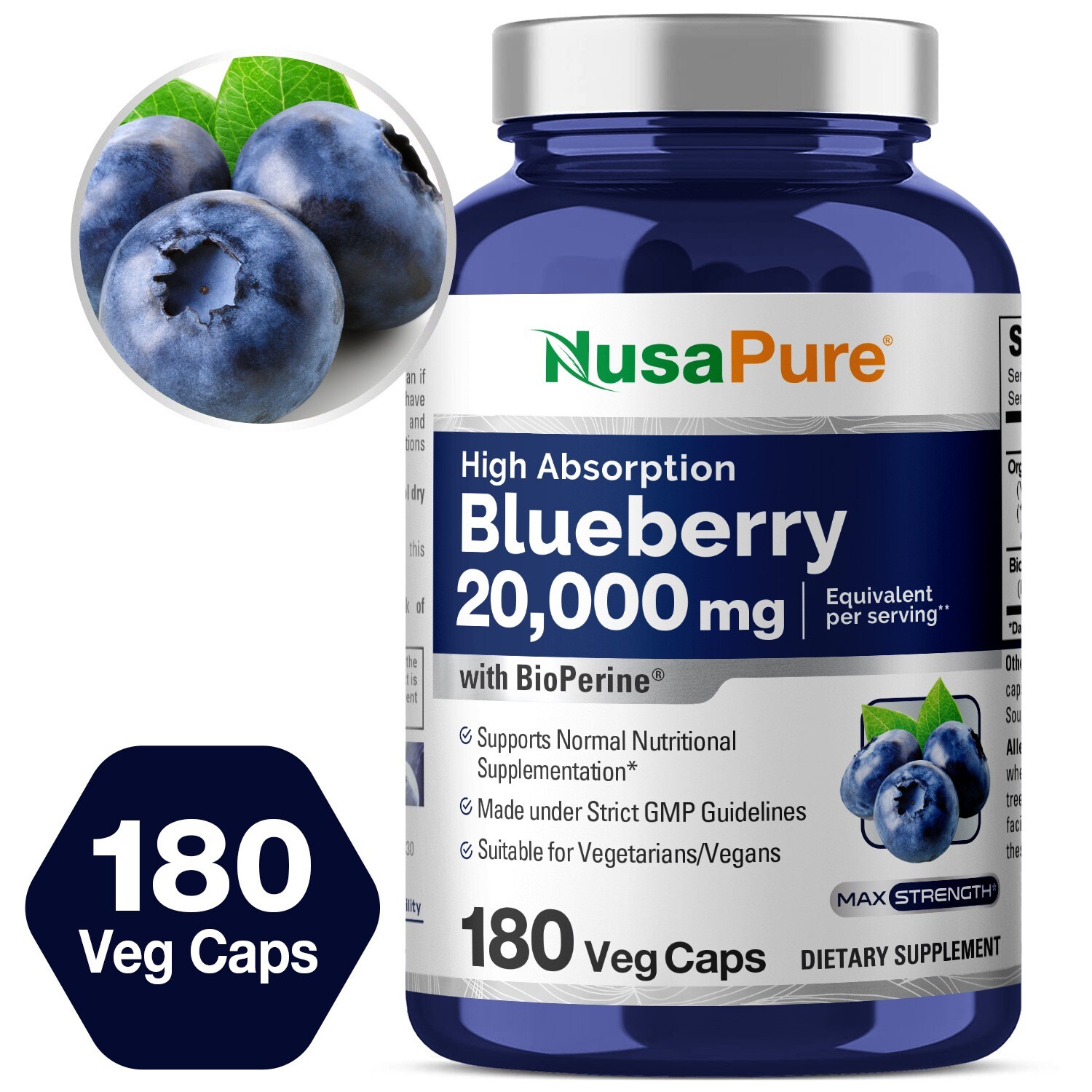NusaPure Blueberry Concentrate 20,000mg – 180 Veggie Powder caps Non-GMO