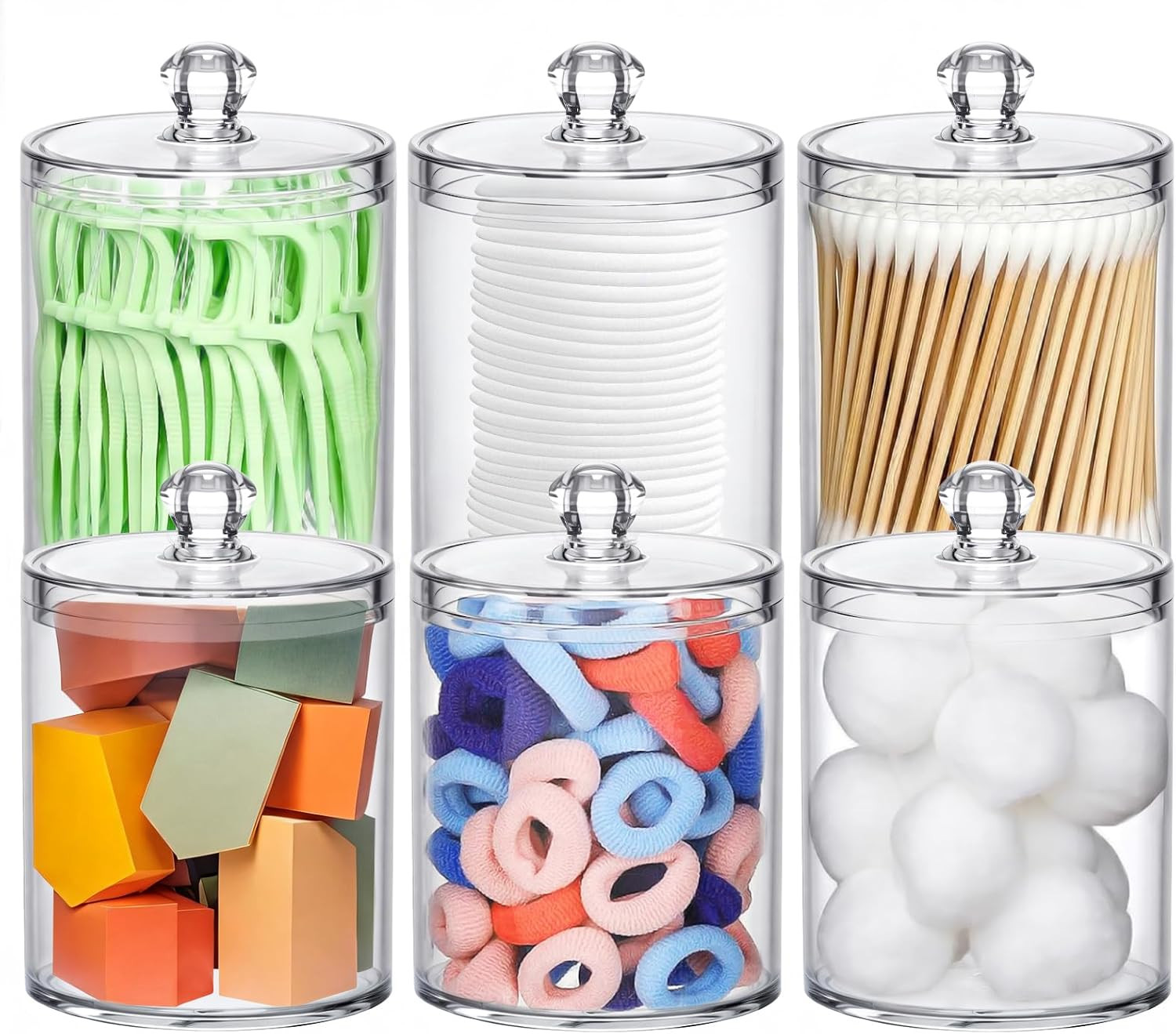6 Pack Acrylic Qtip Holder Bathroom Storage Organizer Set with Lids Labels