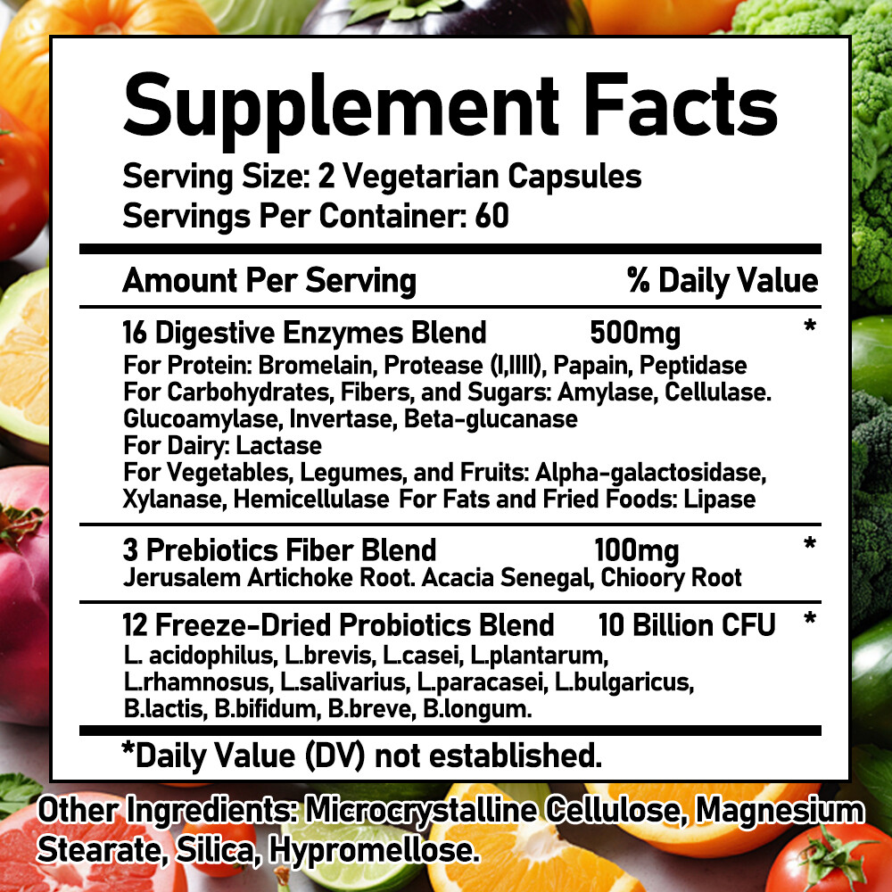 Digestive Enzymes w/ Prebiotic & Probiotics, Gas, Constipation & Bloating Relief