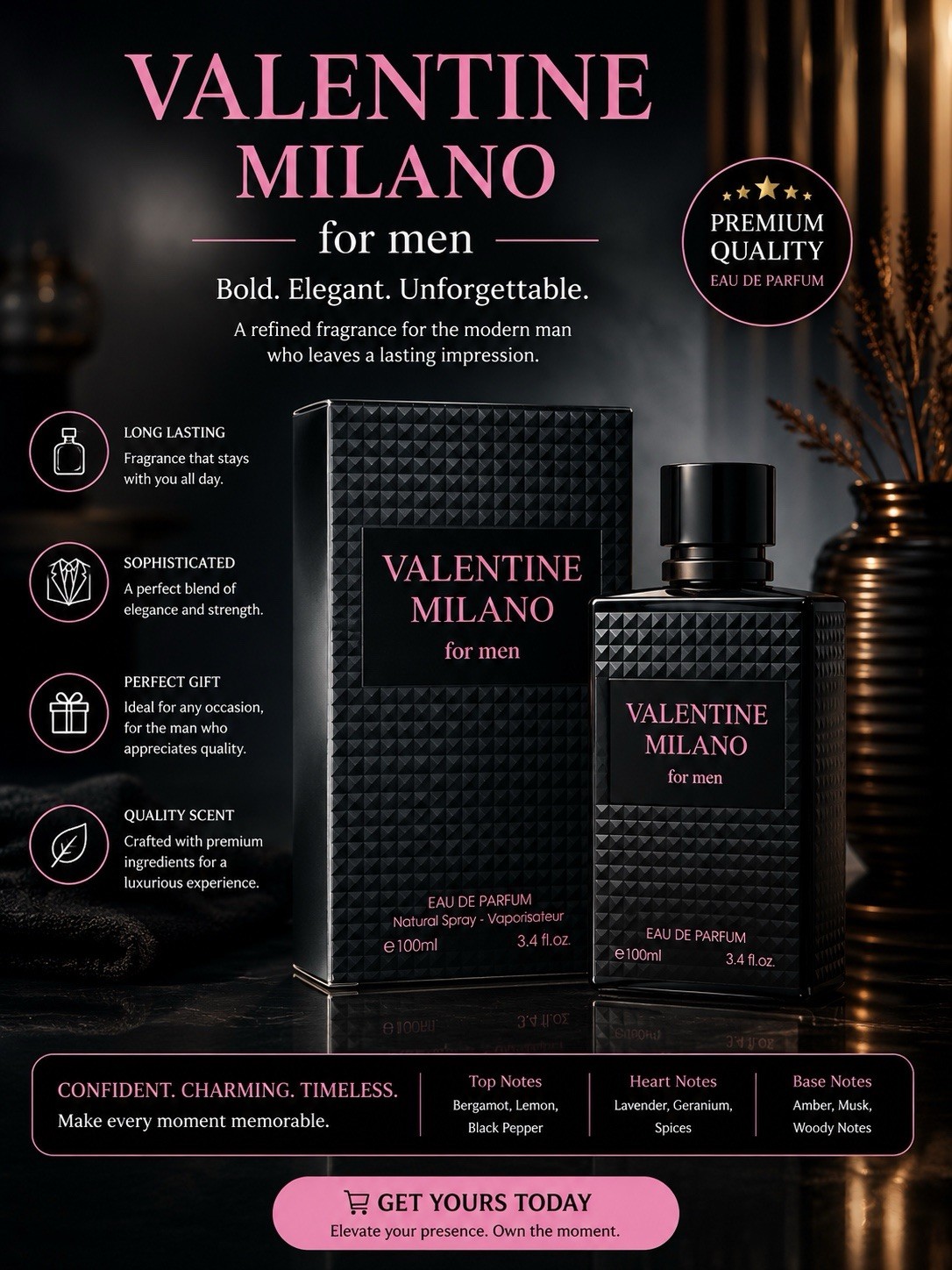 Valentine Milano For Men Eau de Parfum Spray 3.4 fl oz Long Lasting