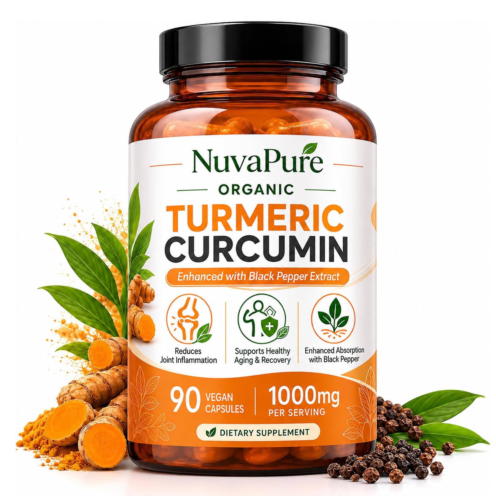 NuvaPure Turmeric Curcumin with Black Pepper – 1000mg Organic Turmeric Supple…