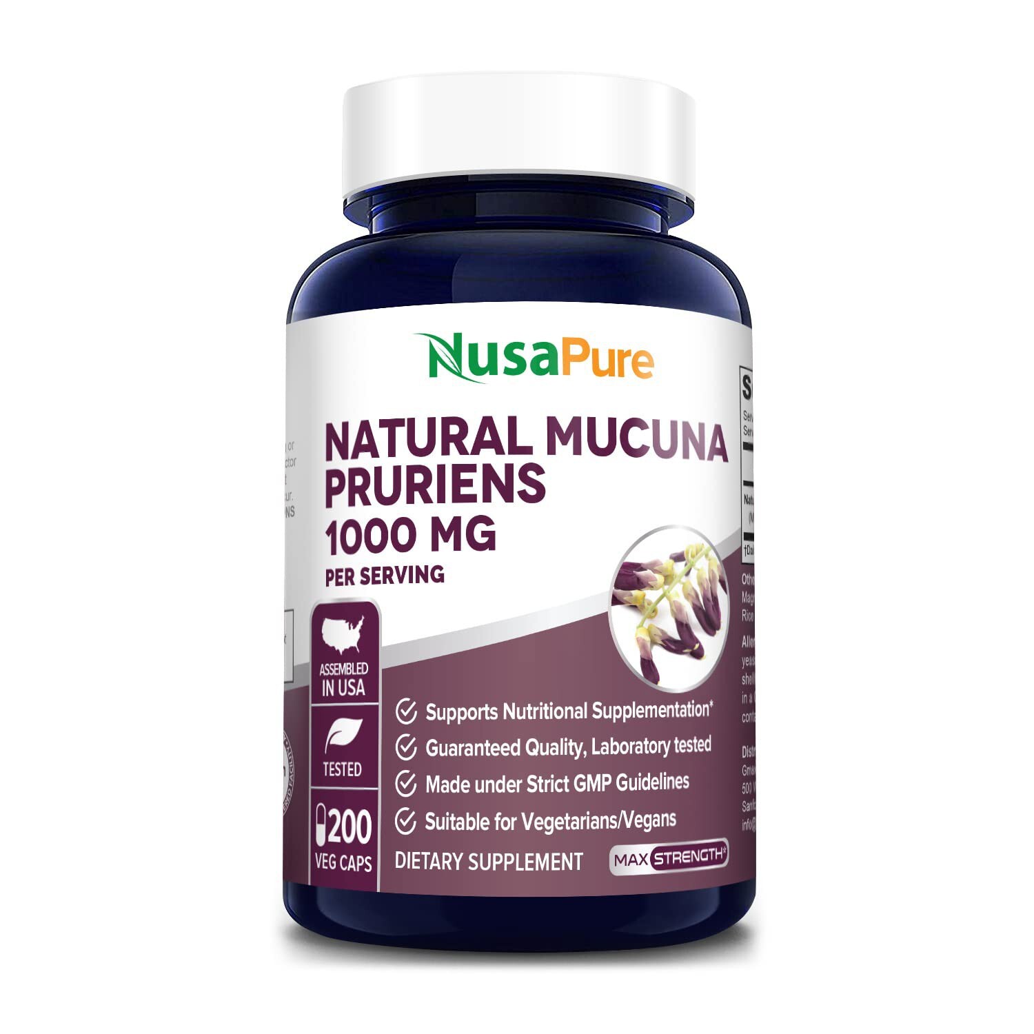NusaPure Mucuna Pruriens 1000mg 200 Veggie Caps Non-GMO, 100% Vegetarian