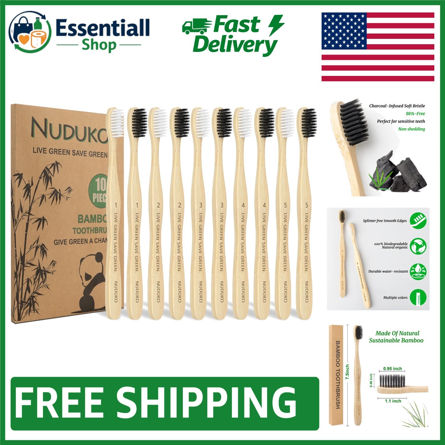 Eco-Friendly 10 Pack Bamboo Toothbrushes – Charcoal Infused Soft Bristles