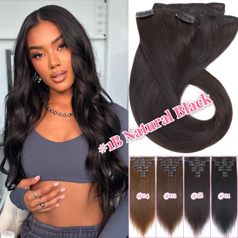 Clip In 100% Remy Real Human Hair Extensions 8Pieces 18Clips Brunette Full Head