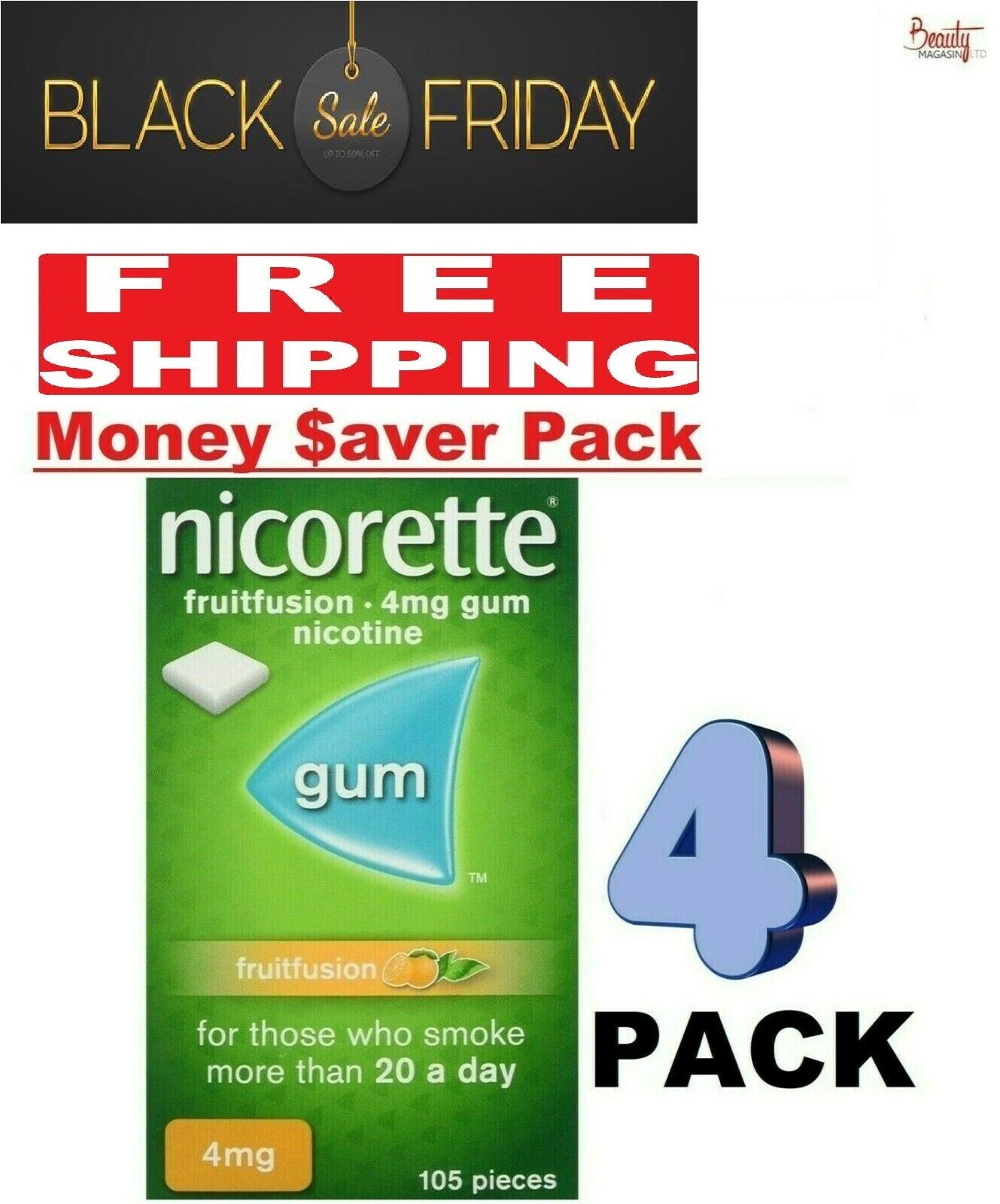 4 x Nicorette Gum FRUIT FUSION 4mg 105Pieces-“FREE SHIP TO USA”