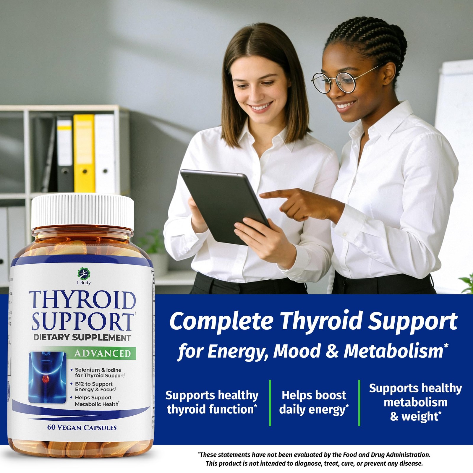 1 Body Thyroid Support Supplement for Women and Men, Selenium with Iodine, Zi…