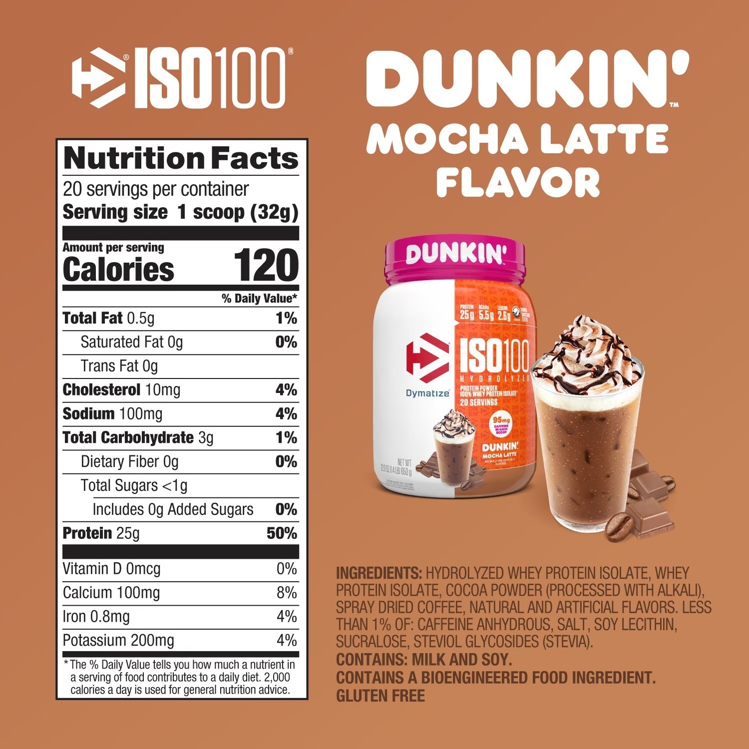 Dymatize ISO100 Dunkin Mocha Latte Whey Protein 20 Servings 25g Protein – NEW!!!
