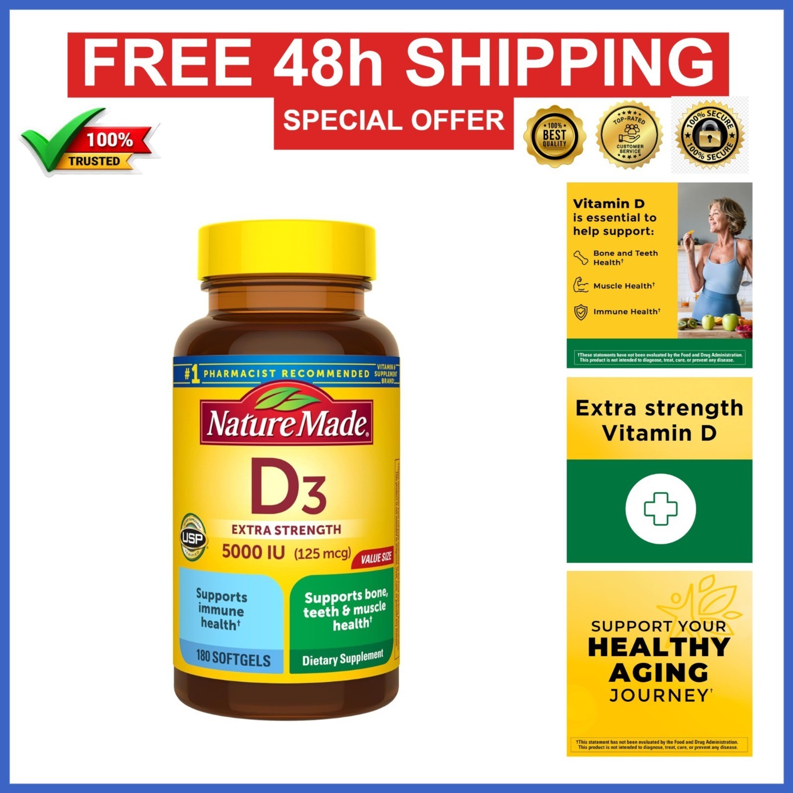 Nature Made Vitamin D3 5000 IU Softgels, 180 Count, Bone & Immune Support