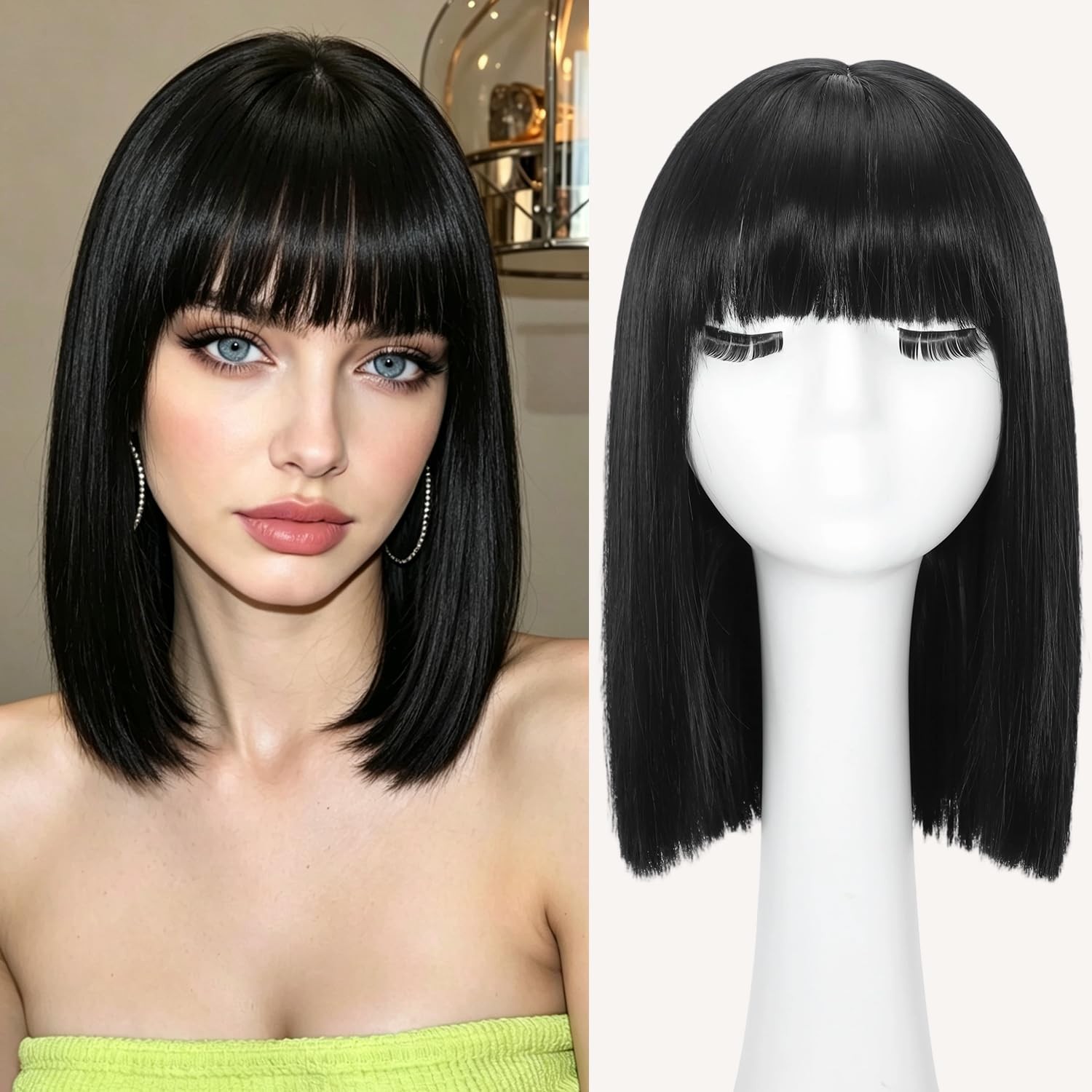 Pink Bob Wig With Bangs Short Straight Synthetic Anime Cosplay Wigs for Women