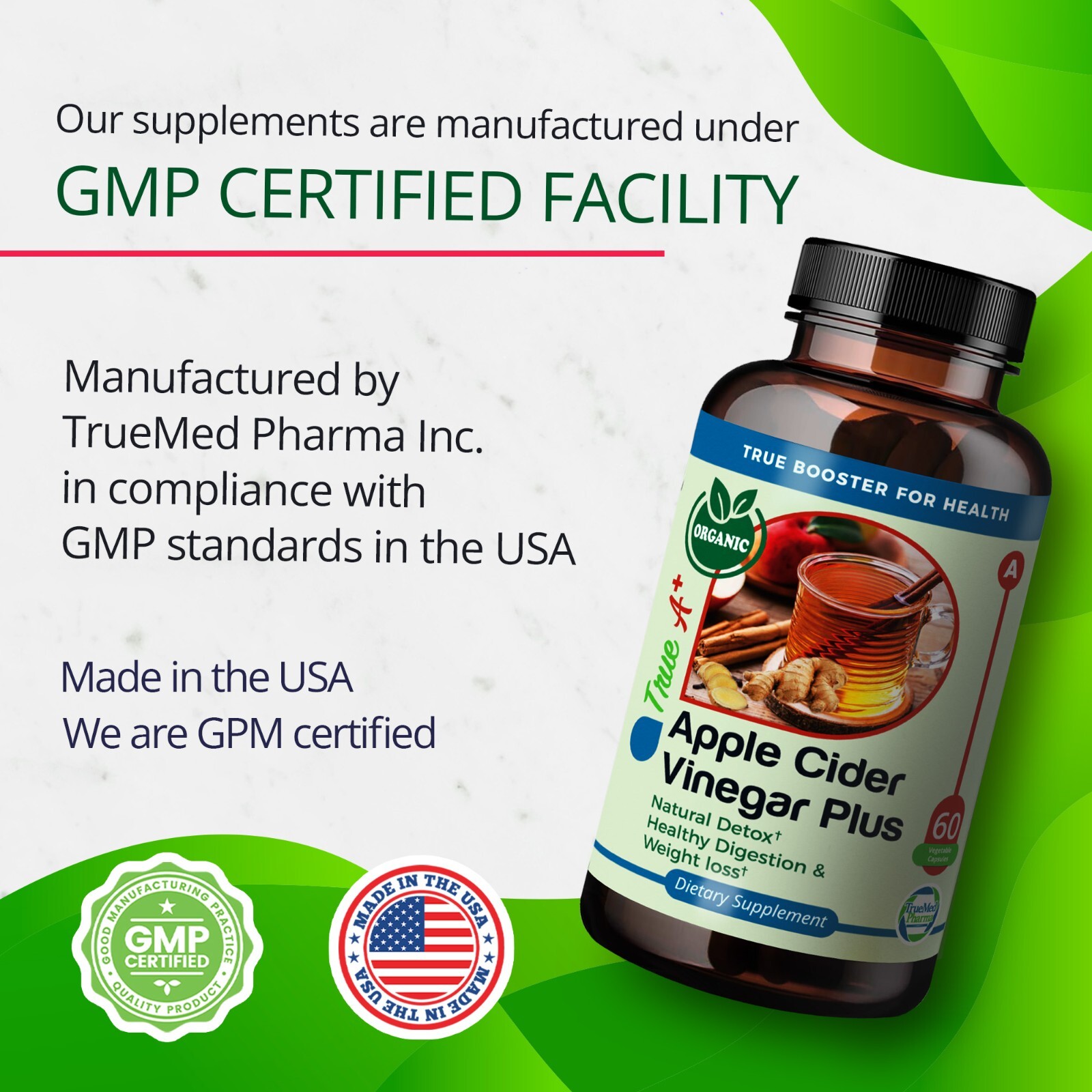 TrueMed Apple Cider Vinegar Plus Ginger Root Cinnamon 650mg 60 Capsules
