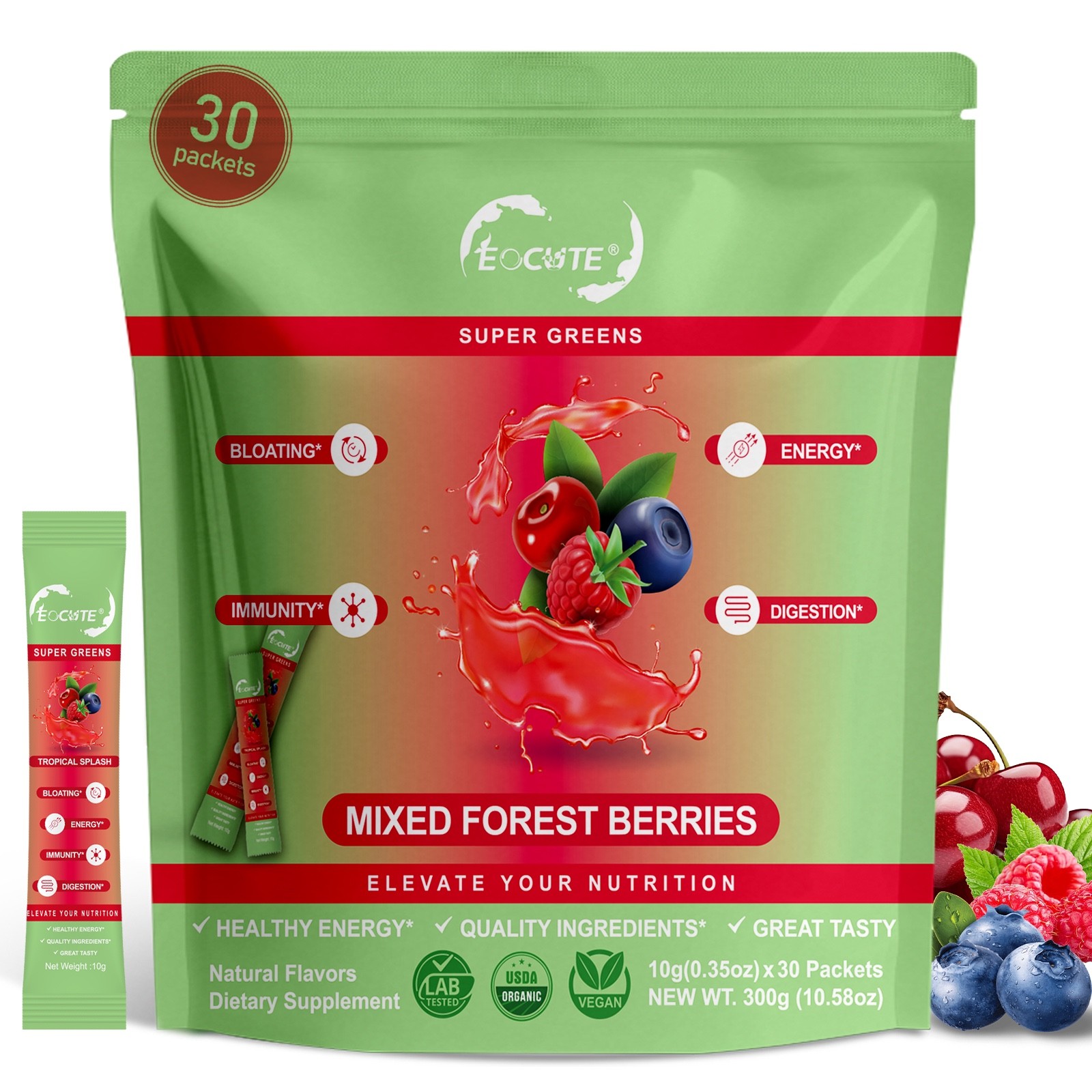 Super GREENS Powder Berry Flavor Bloating Relief, Gut Health,Skin Care 30 packet
