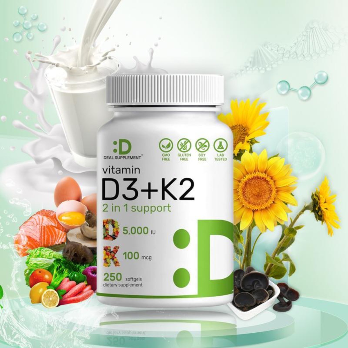 Vitamin D3 5000 IU & K2 100 mcg – 2-in-1,for Bone & Heart Health