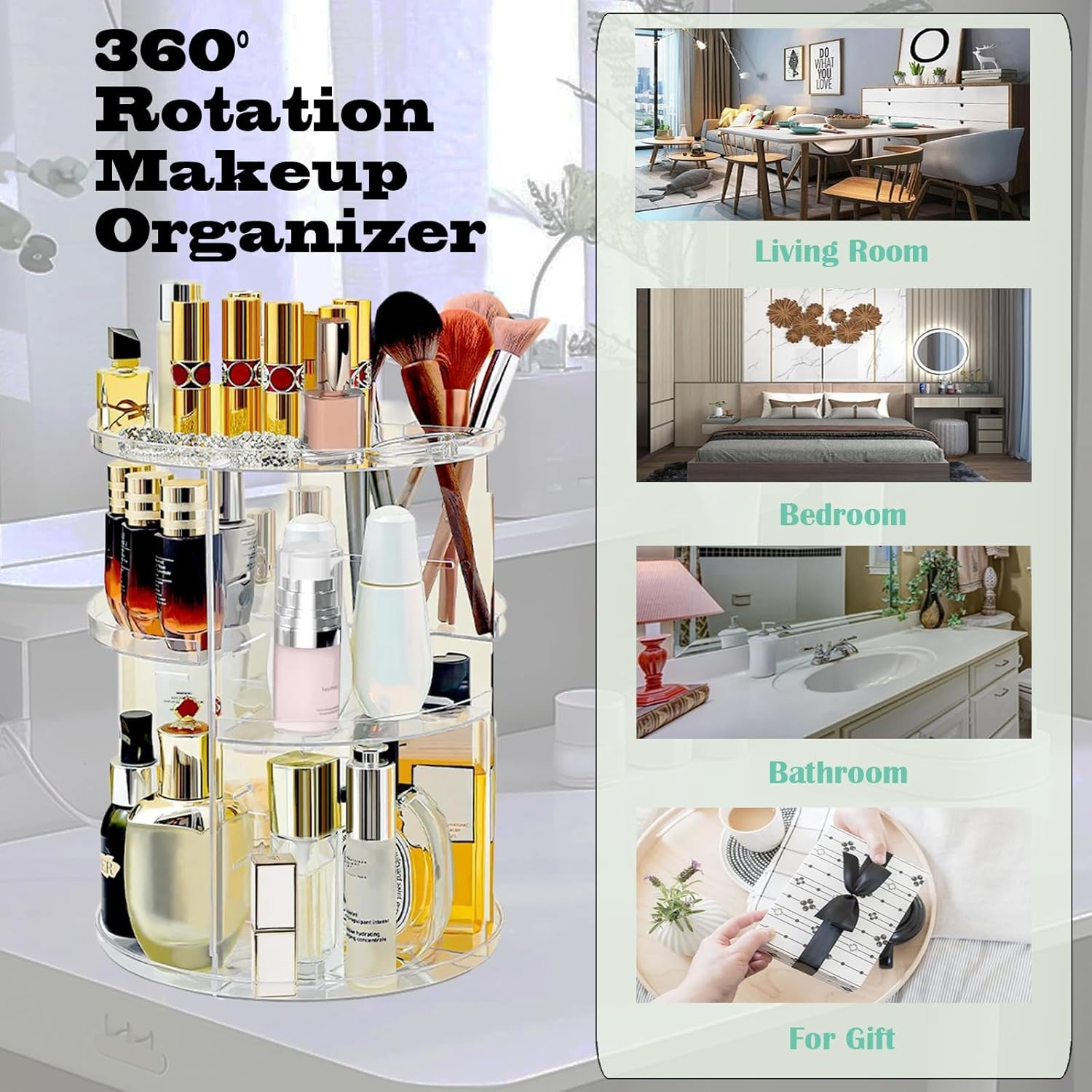 360 Rotating Makeup Organizer for Vanity Adjustable Cosmetic Display Case Large