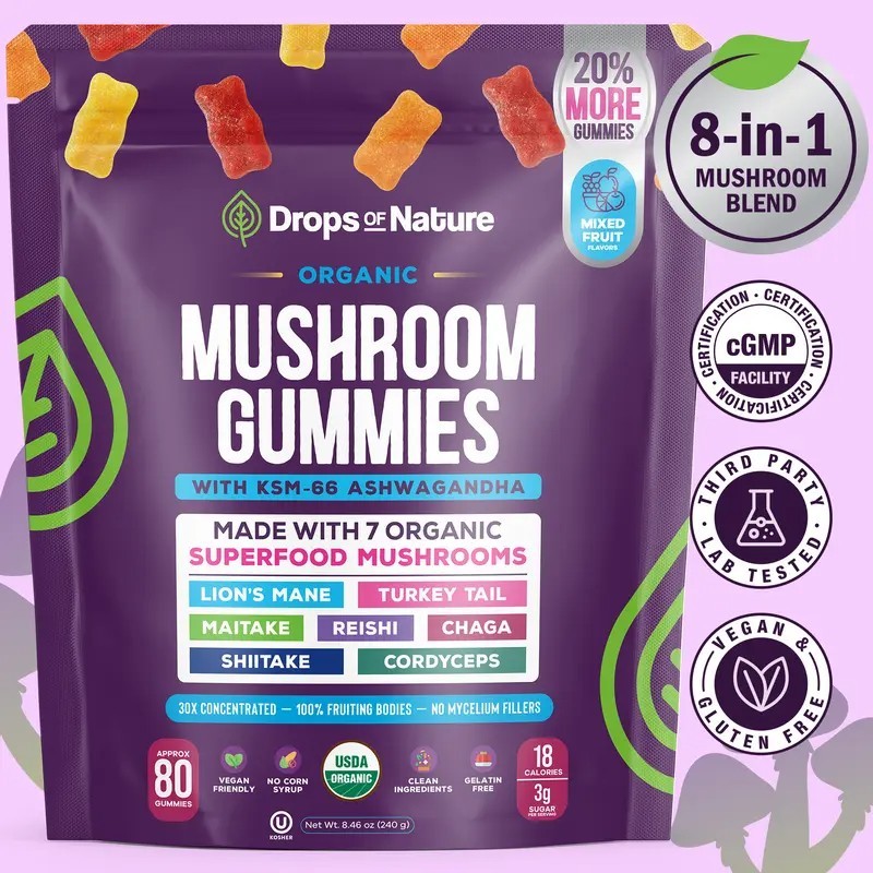 8-in-1 Drops Of Nature Mushroom Gummies | Ashwagandha KSM-66, Lion’s 80 Gummies