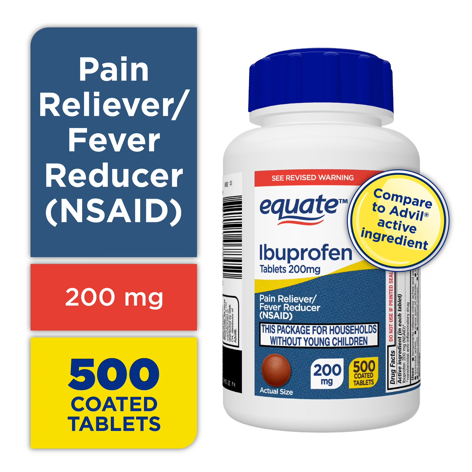 New Equate Ibuprofen Tablets, 200 mg, Pain Reliever and Fever Reducer, 500 Count