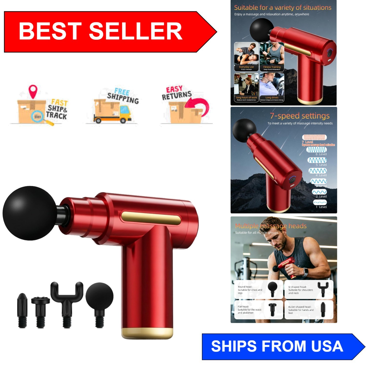 Red Massage Gun – Electric Muscle Massager with 4 Heads for Deep Relaxation