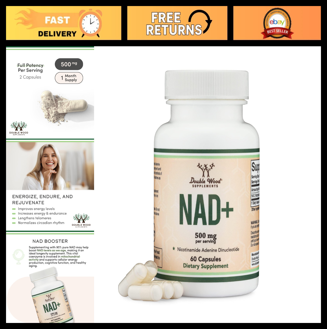 NAD+ Anti-Aging & Cell Regeneration Supplement | 500mg Pure NAD Plus | 30-Day Su