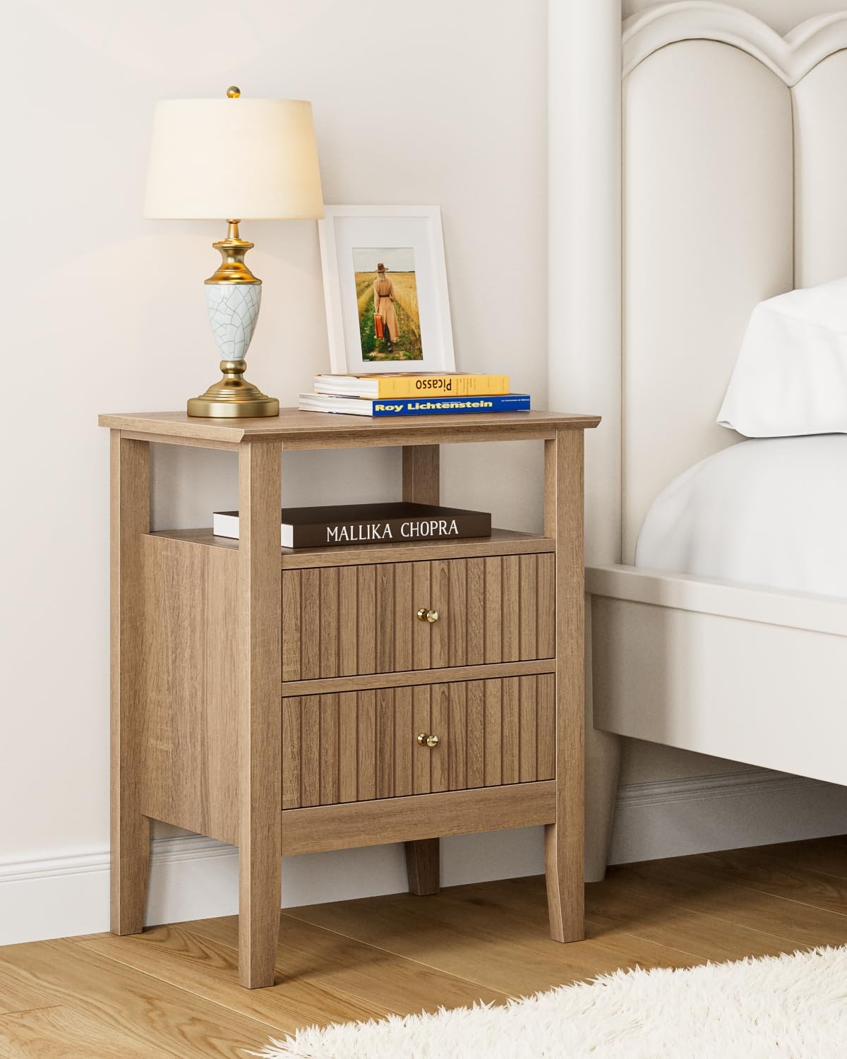 Apetaccat Fluted Nightstand Farmhouse Night Stand 2 Drawers Mid Century Modern