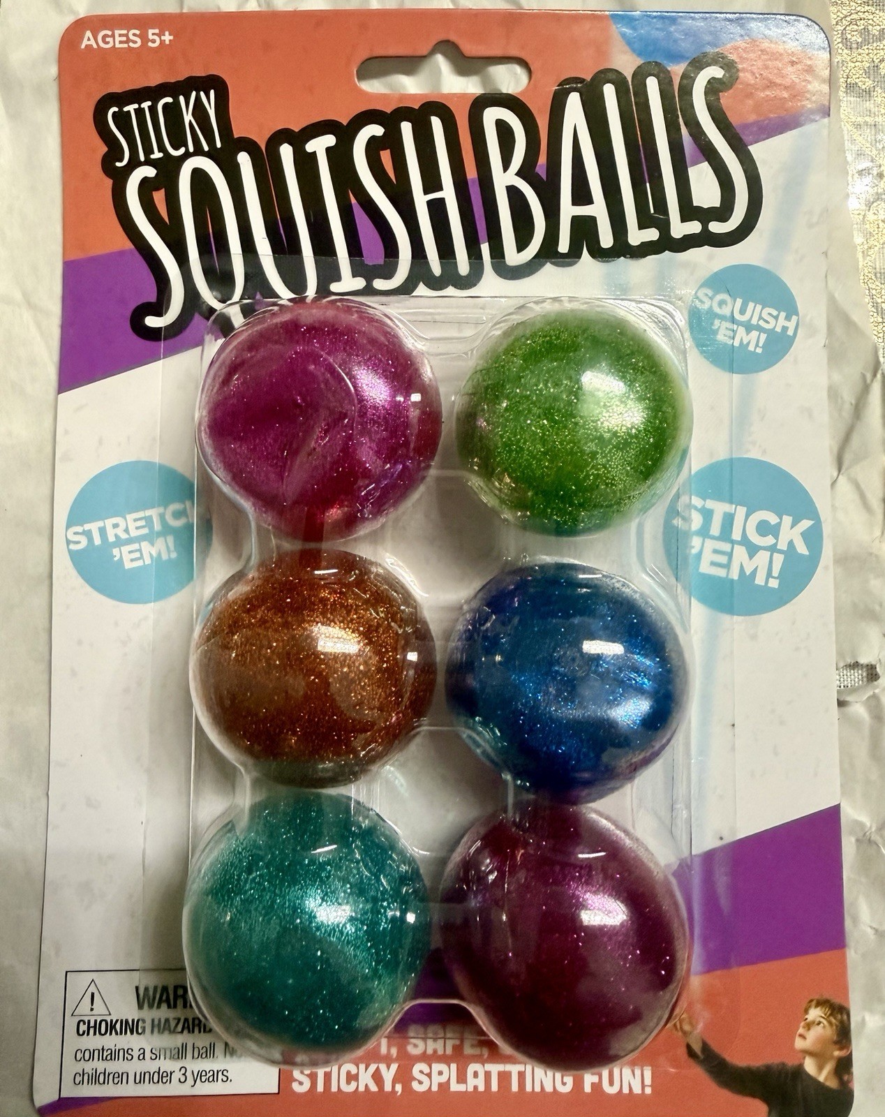 Sticky Stretchy Squish Balls, Multicolor 6 Pack Stress Reliever (Ages 5+)