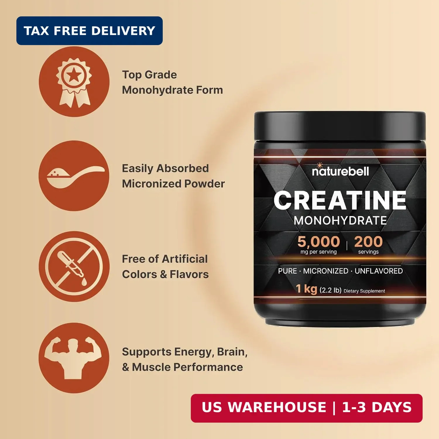 NatureBell Creatine Monohydrate Powder 1,000g, 5,000mg Per Serving, 200 Servings
