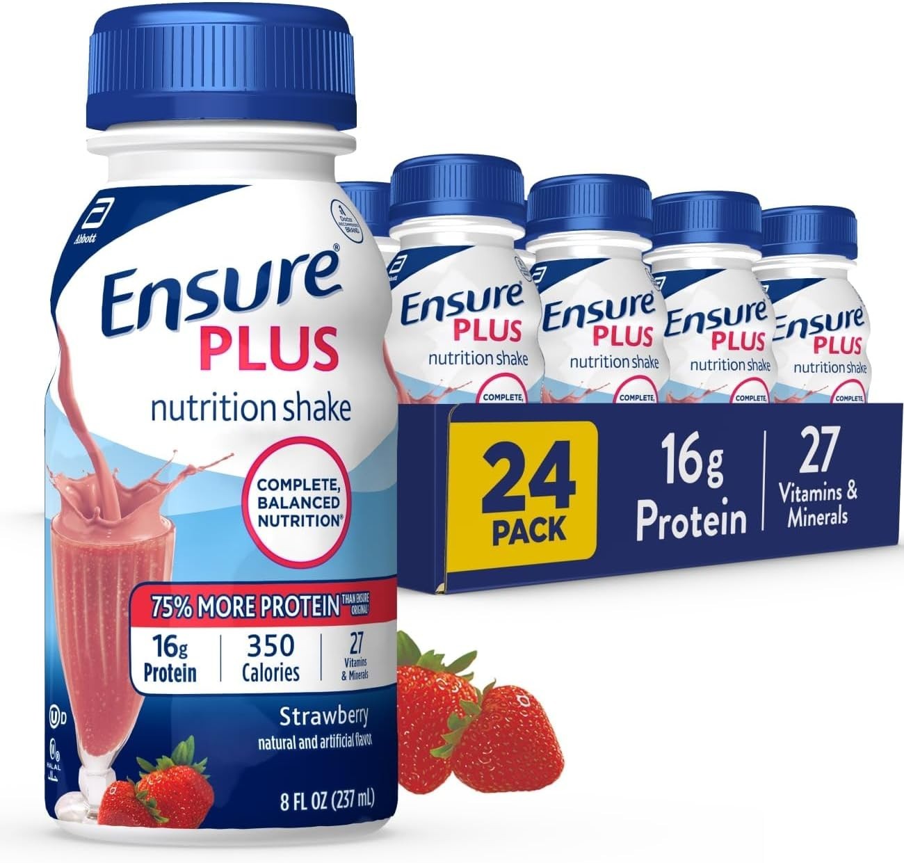 Ensure Plus Strawberry Nutrition Shake 16 Grams Protein Meal 24 Bottles – 8oz