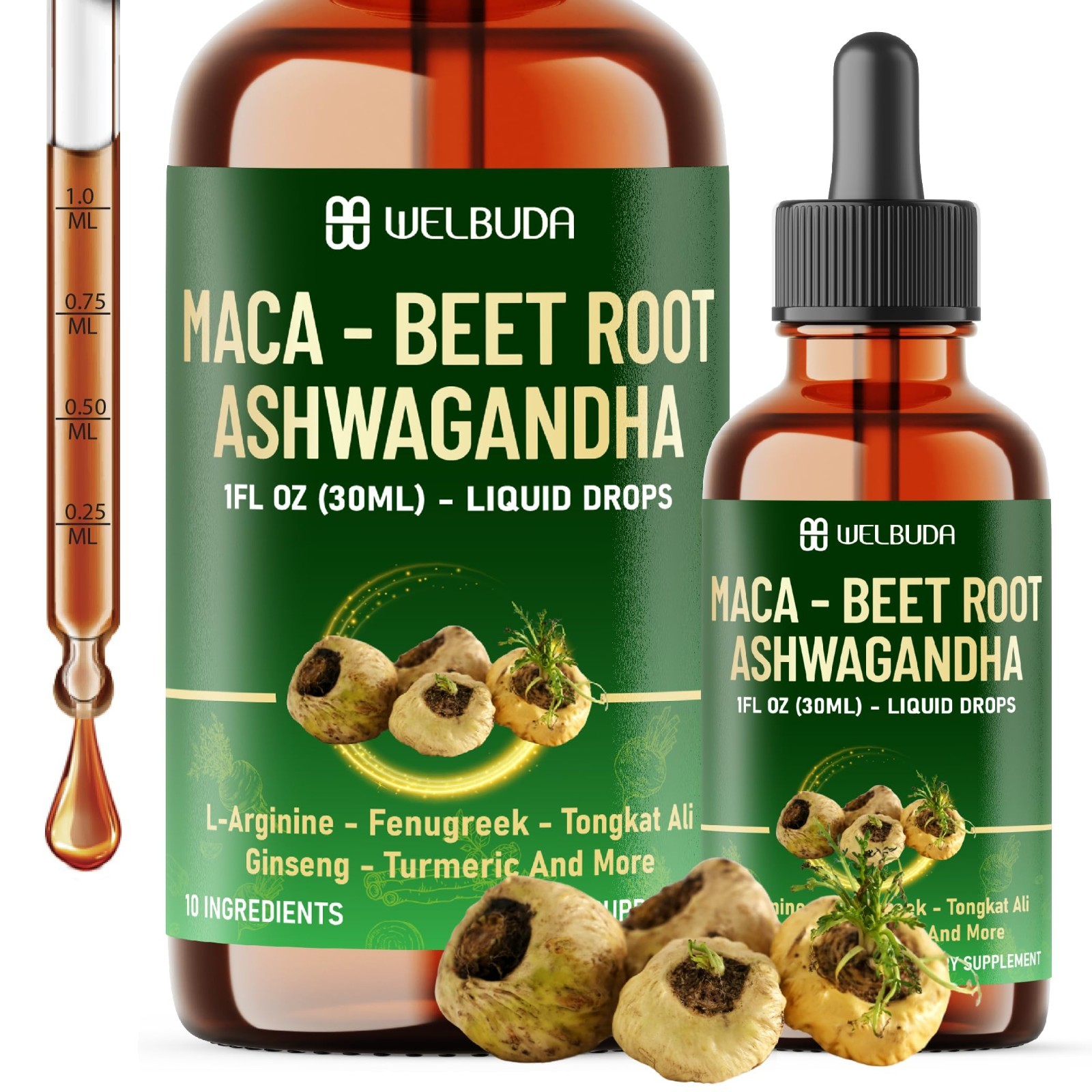 10-in-1 Maca Root Liquid Drops with Ashwagandha, Fenugreek & L-Arginine – Energy