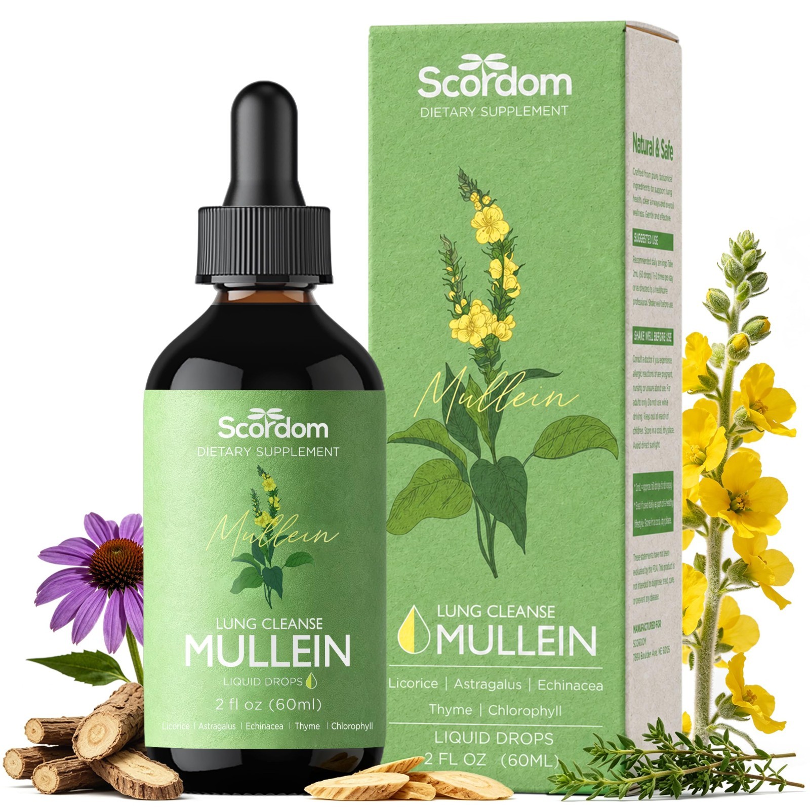 Mullein Leaf Tincture Drops for Lung Health & Detox, 6 Herbs, 2 fl oz – 1 Month