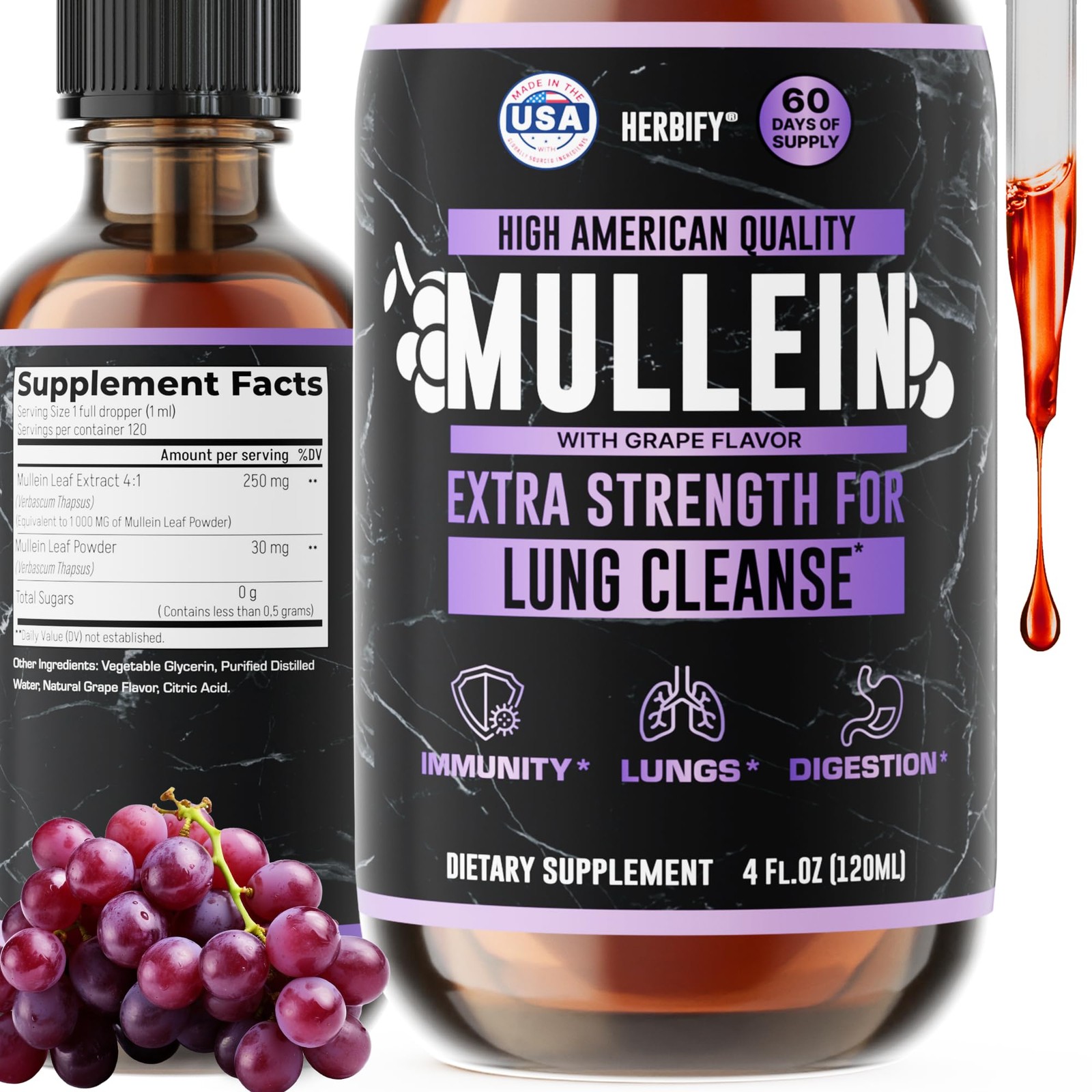 HERBIFY Mullein Drops – Lung Cleanse – Leaf Extract – Powerful Mullein for Immun