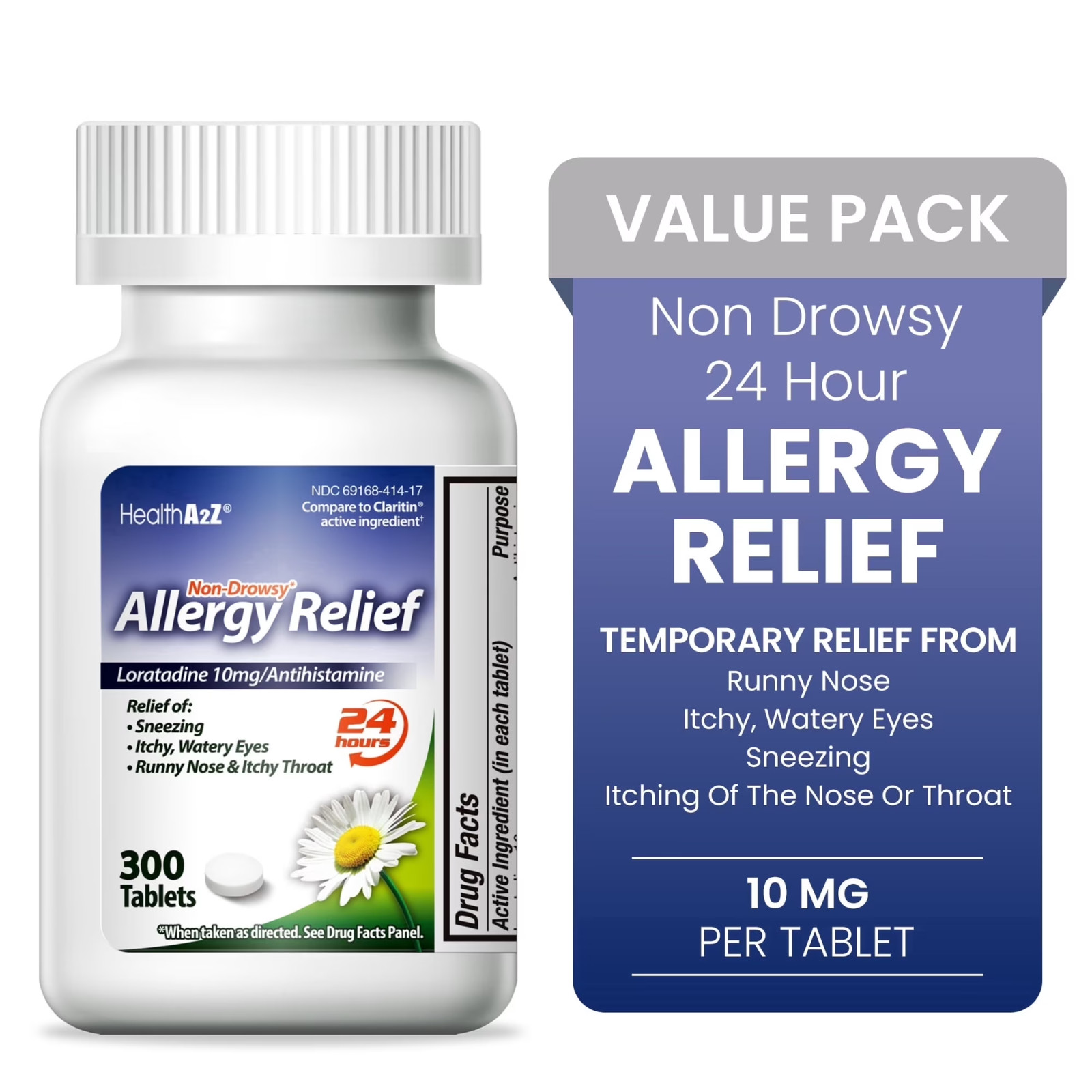 HealthA2Z Allergy Medicine Loratadine, 24 Hour Non-Drowsy Allergy Pill and Sinus