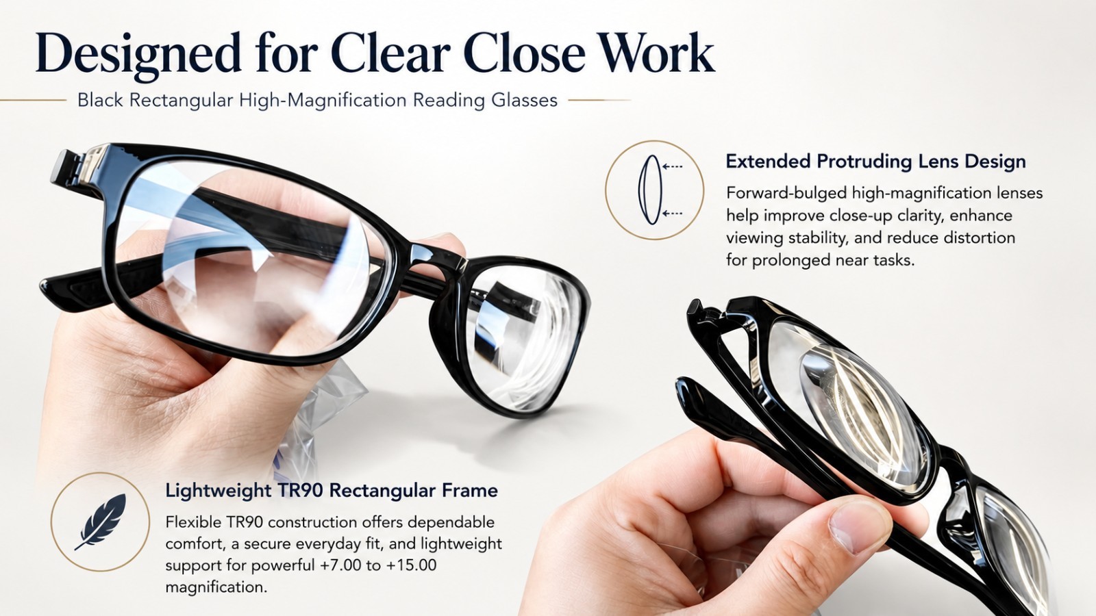 High Power Magnification Reading Glasses TR90 Rectangle Readers +7.0 +10.0 +15.0