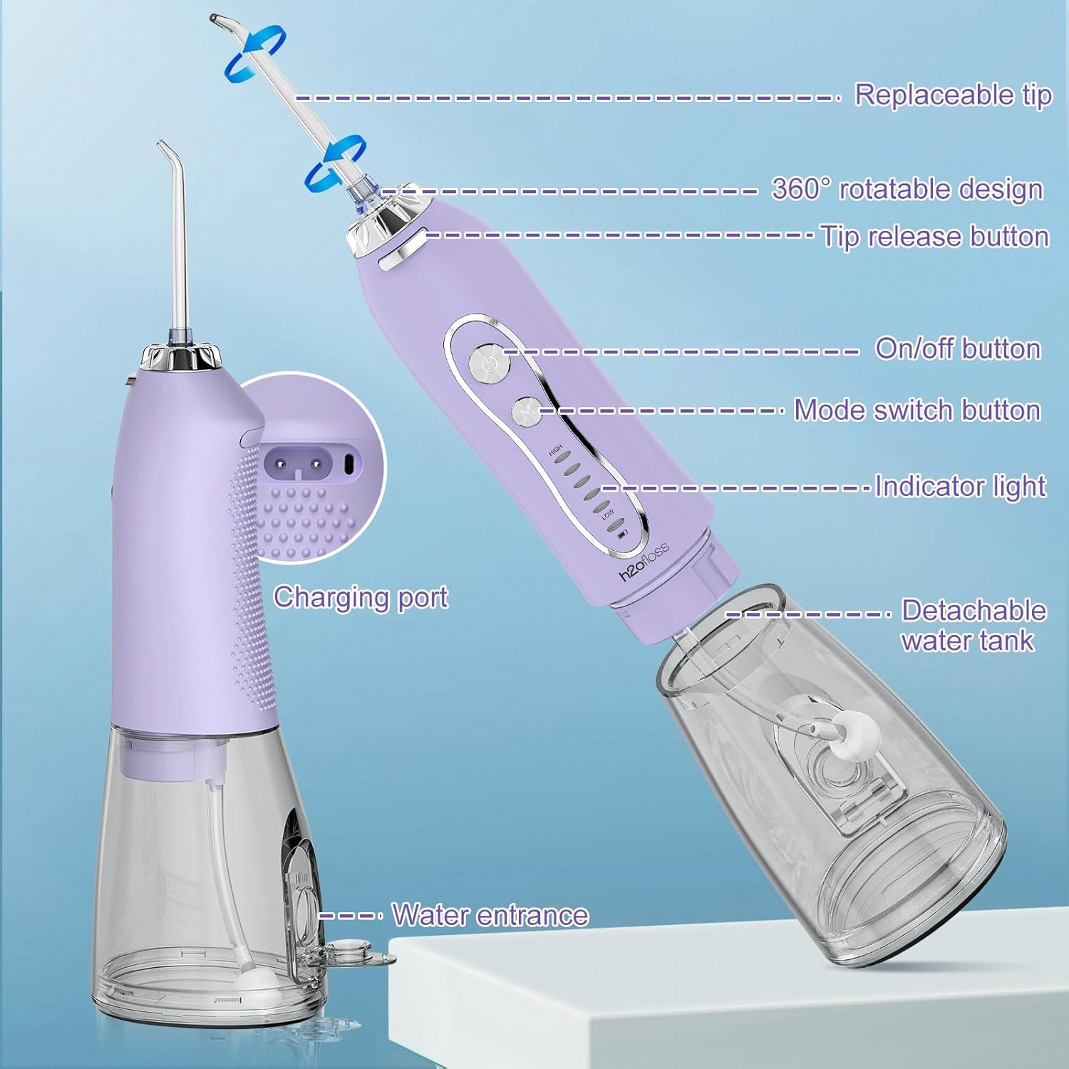 H2ofloss Cordless Water Flosser 300ML Rechargeable IPX7 Lavender
