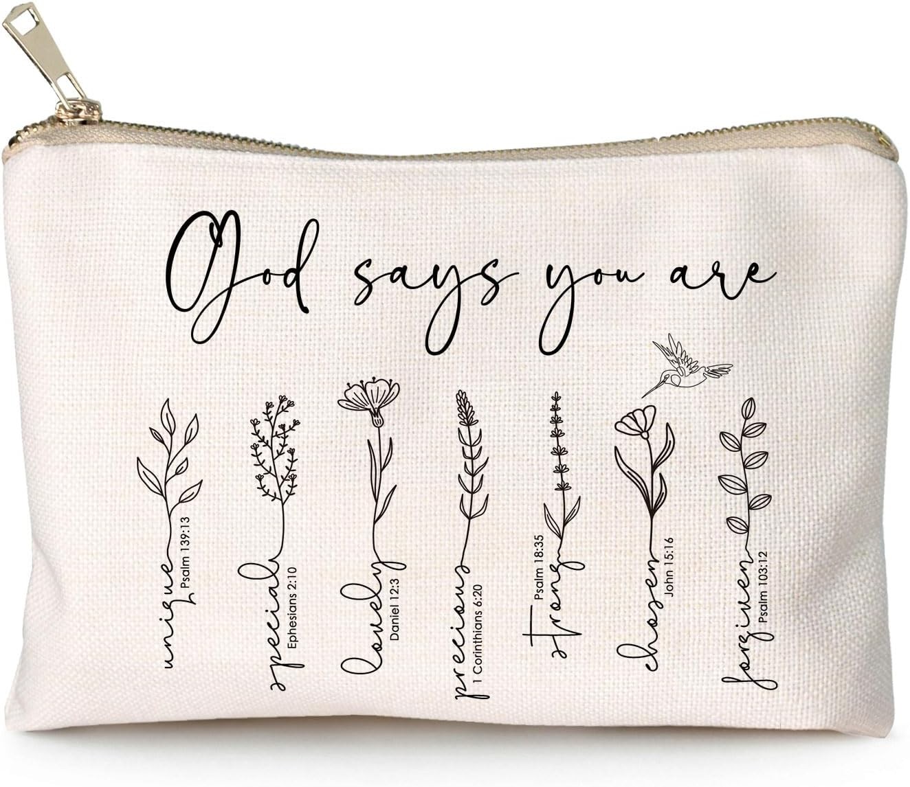 God Says You Are Makeup Bag Christian Bible Verse Floral Cosmetic Pouch Travel