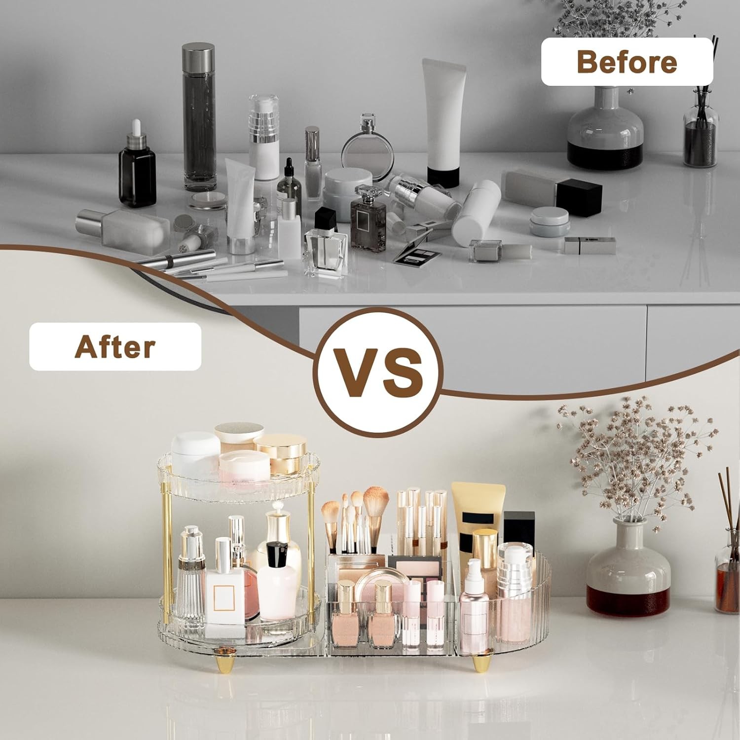 Makeup Organizer Countertop for Vanity, Rotating Perfume Tray with 5-compartment