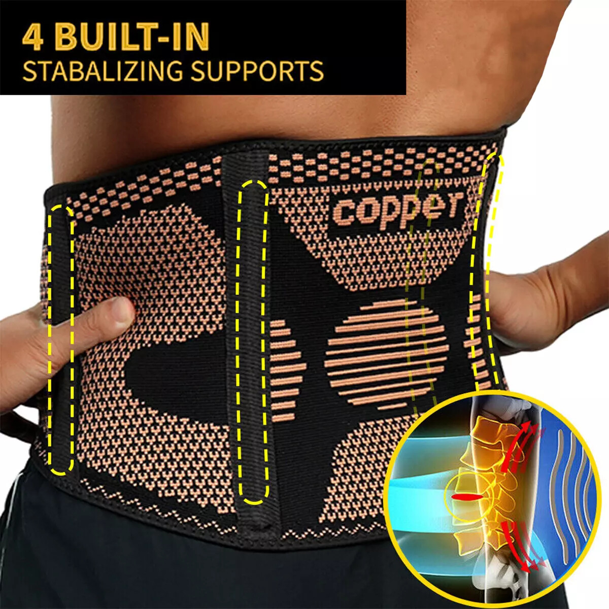 Lower Back Brace Copper Lumbar Support Waist Belt For Men Women Pain Relief