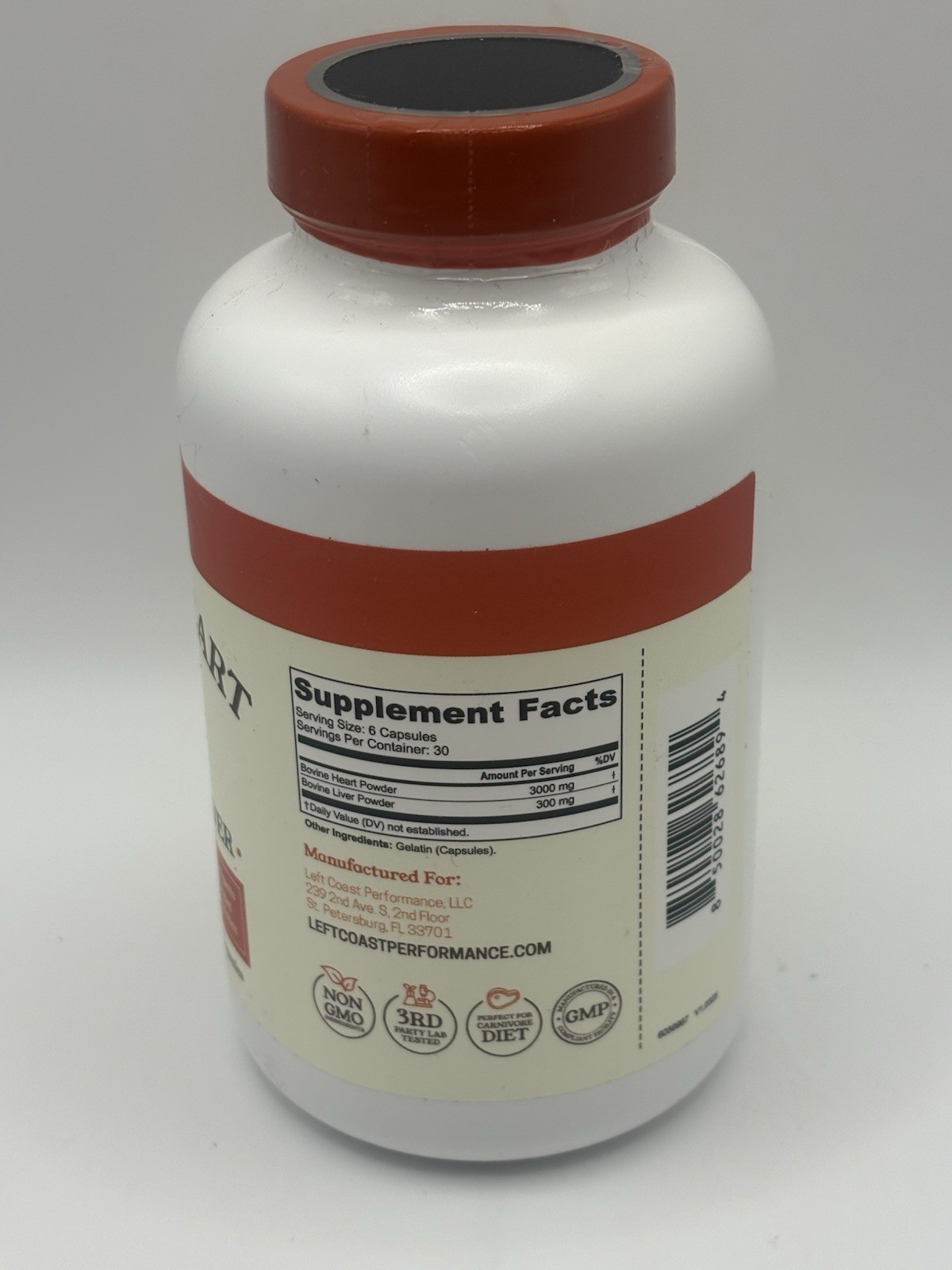 Left Coast Performance, Bovine Heart With Beef Liver, 180 Capsules Exp 9/2027