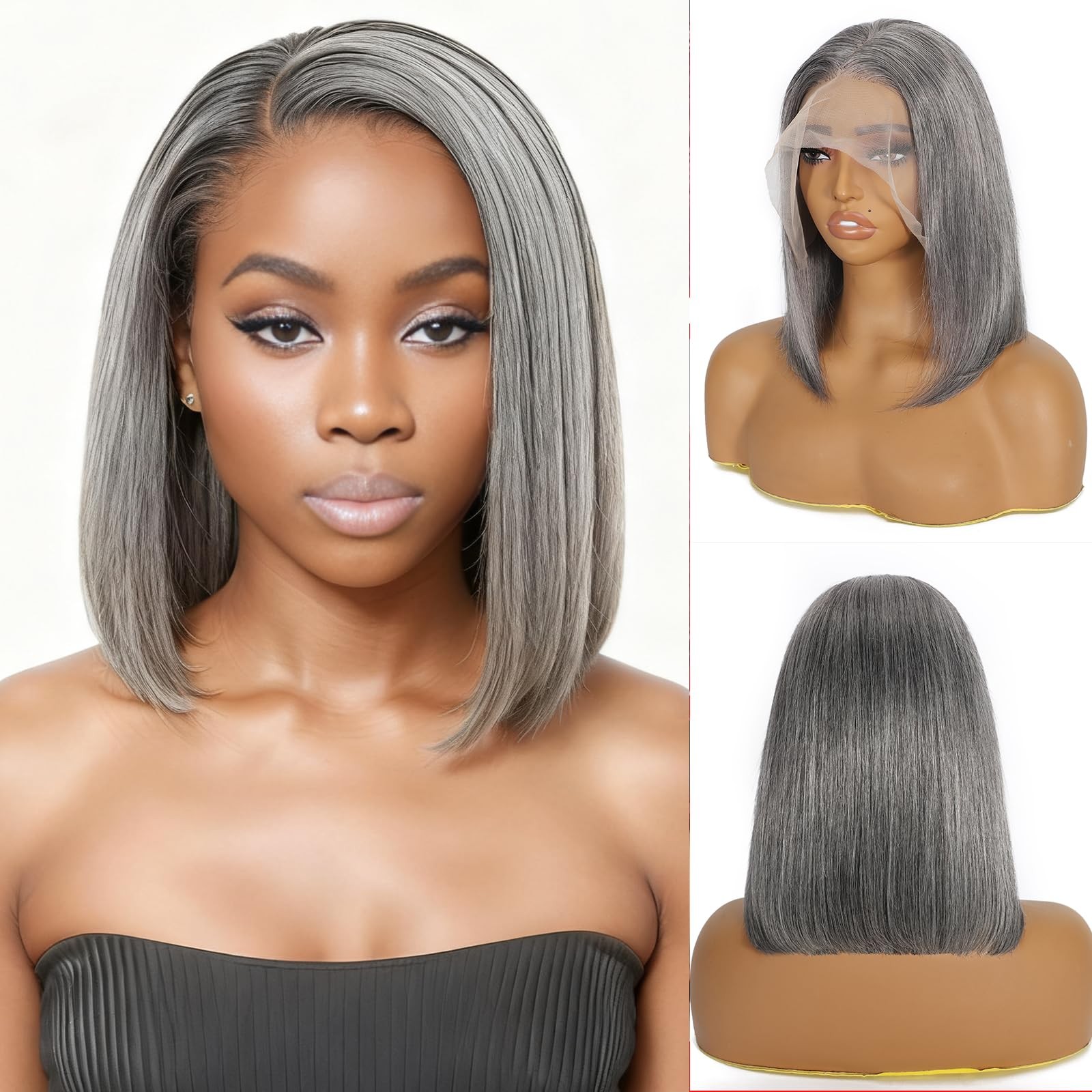 Hoscod 12 Inch Short Bob Grey Mixed White Wig Human Hair 13X4 Hd Transparent