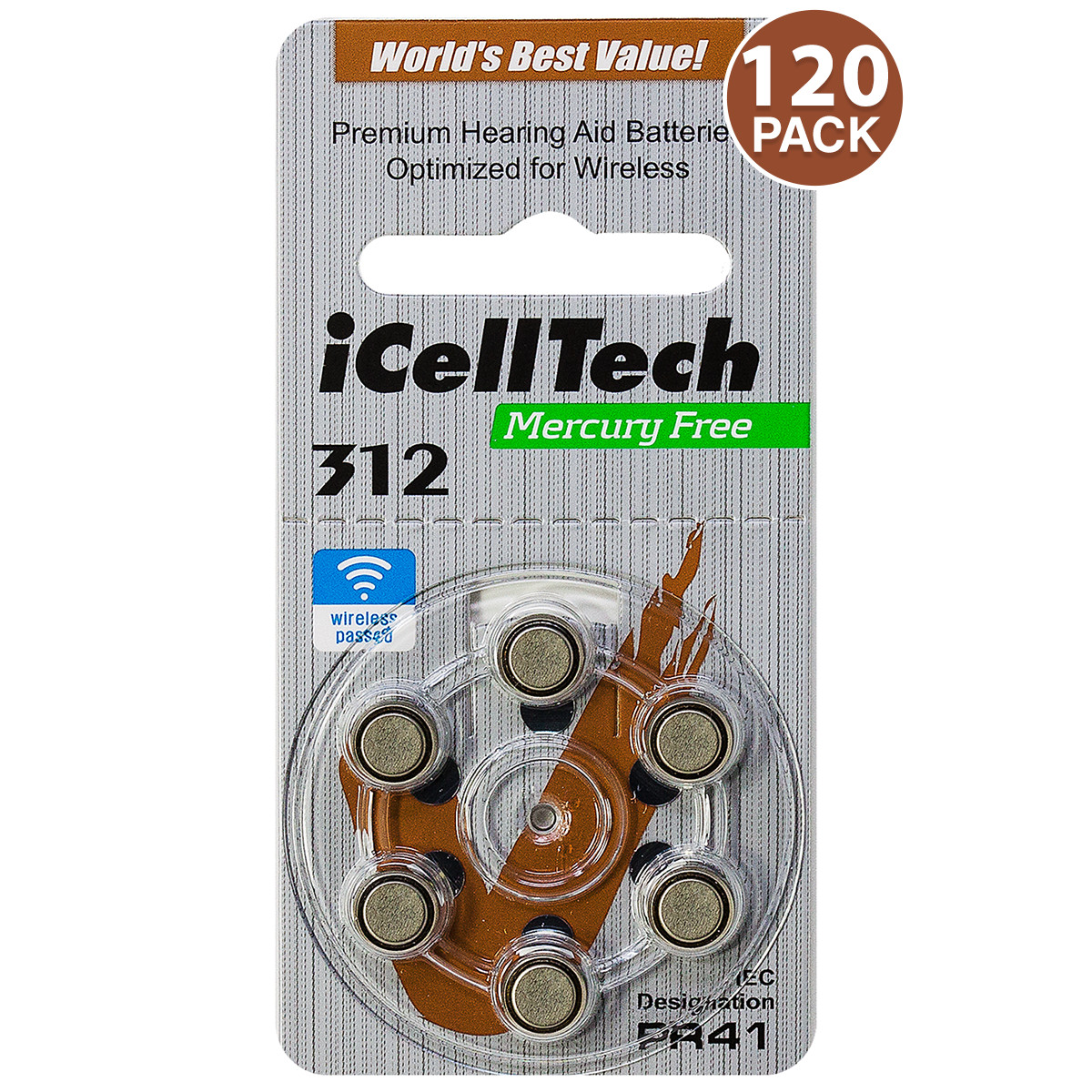 iCellTech Size 312 PR41 P312 Zinc Air MF Hearing Aid Batteries (120 Pack)