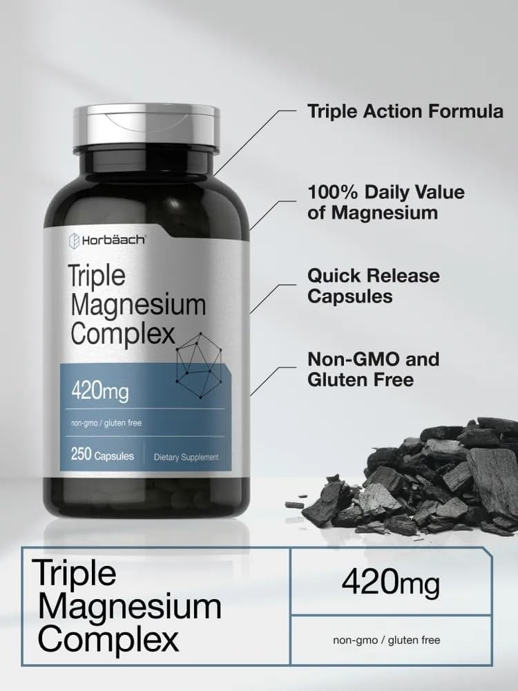Triple Magnesium Complex | 420 mg | 250 Capsules | Non-GMO | by Horbaach