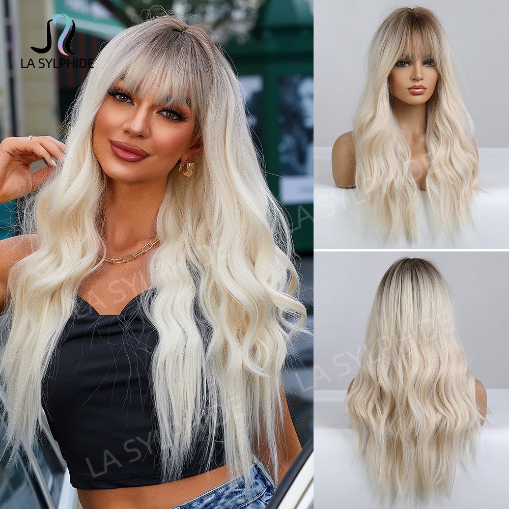 Brown to Platinum Ombre Long Curly Wig with Bangs Heat Resistant