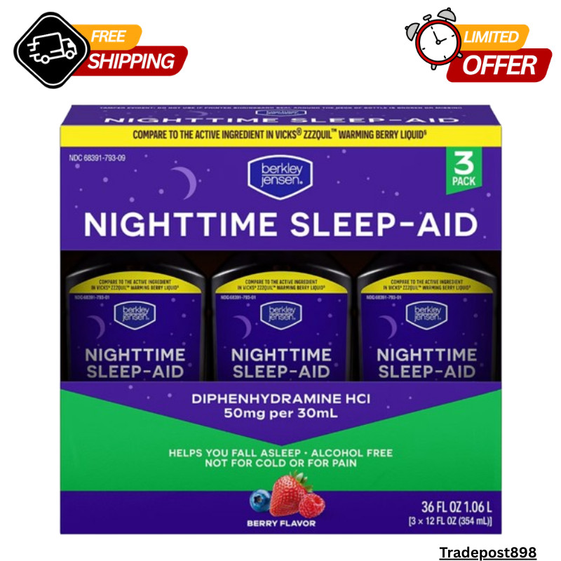 Berkley Jensen Night Time Sleep Aid Diphenhydramine HCl 50mg Liquid, 3 PACK