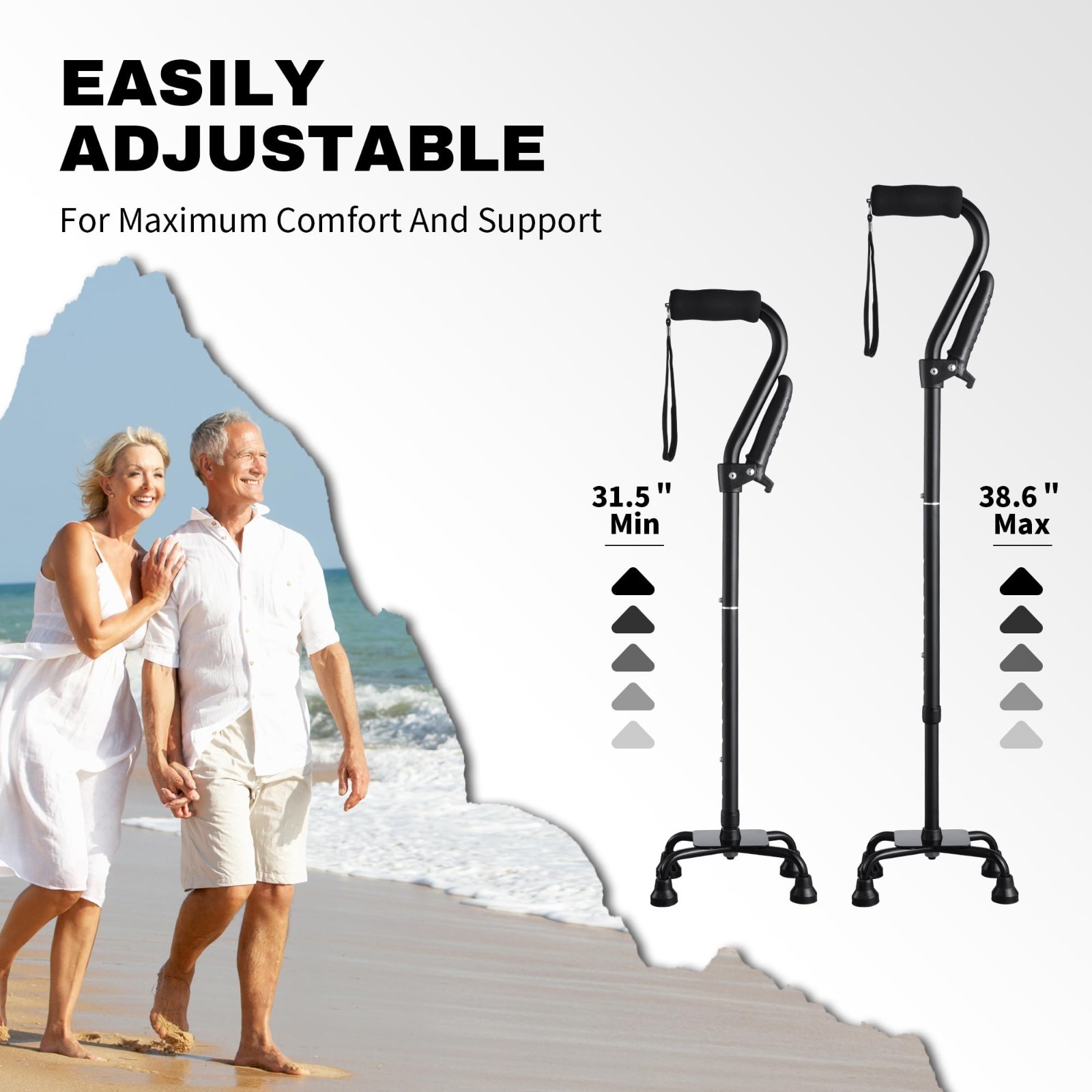 Adjustable Foldable Quad Cane for Seniors – Stand Assist Walking Stick with 4-Pr