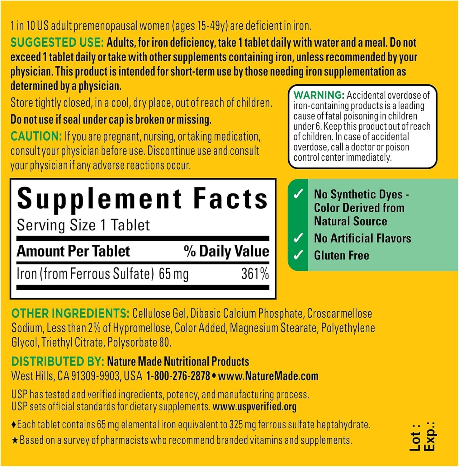 Nature Made Iron 65 mg -325 mg Ferrous Sulfate- Tablets, Dietary Supplement