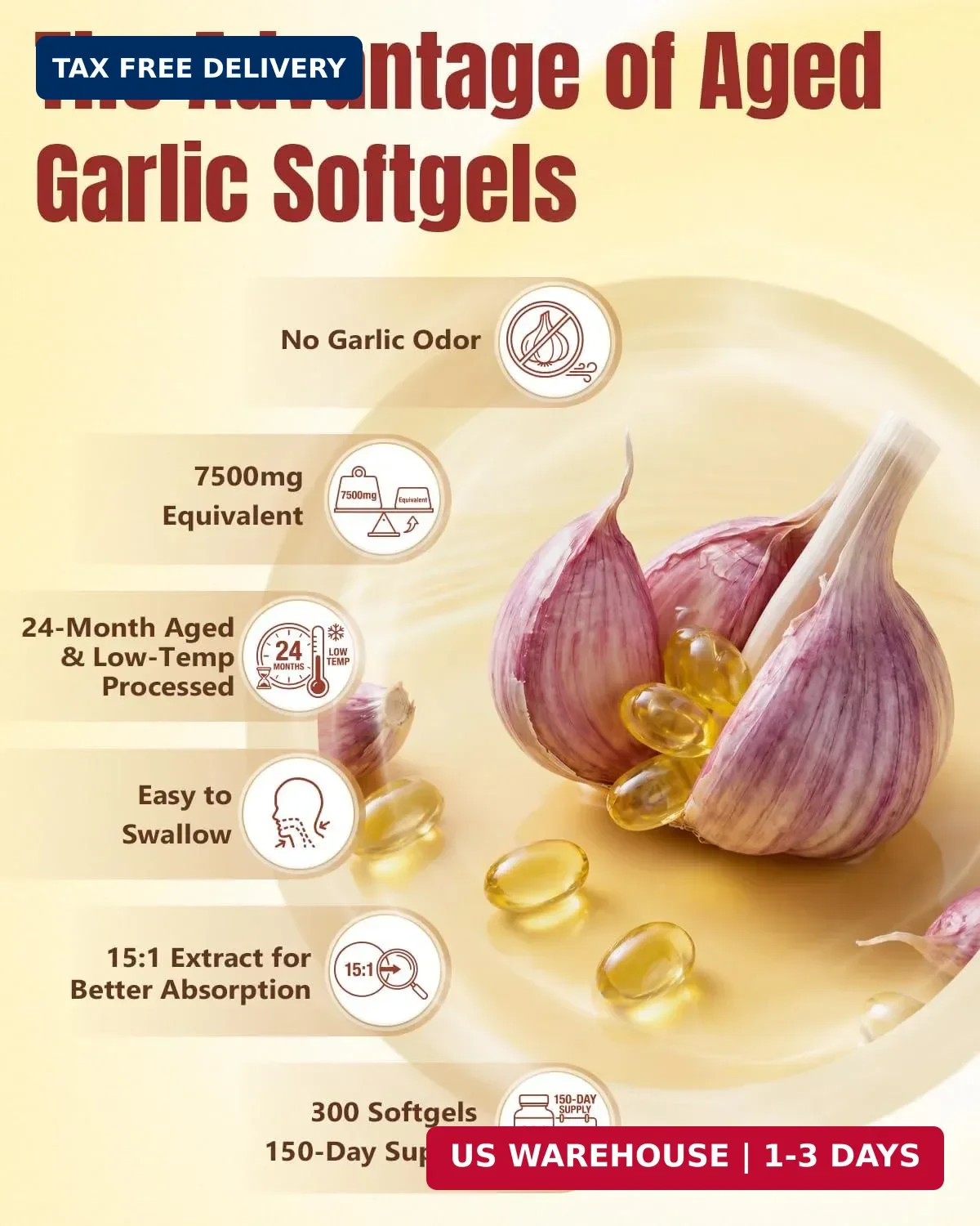 Aged Garlic Extract Softgels, Odorless 15:1 Formula, 300 Count | 2-year matured