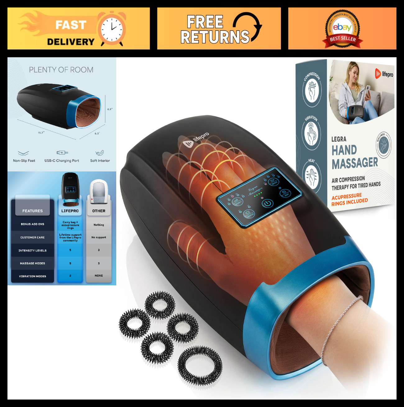 Cordless Hand Massager with Heat & Compression | Multi Massage Modes, Adjustable