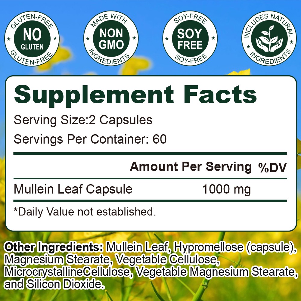 Mullein Leaf Extract 1000MG Supplement, for Lungs Detox and Cleanse 60/120 Caps