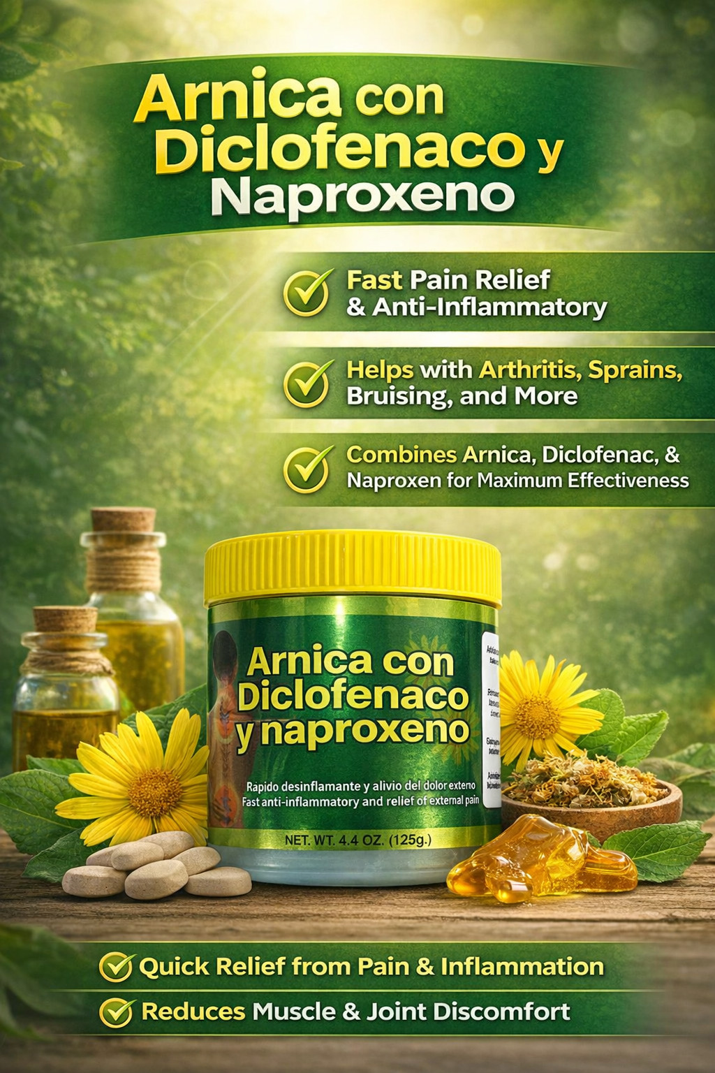 Arnica Con Diclofenaco y Naproxeno, Muscle Pain Relief Balm, 125 mg, 2-Pack,
